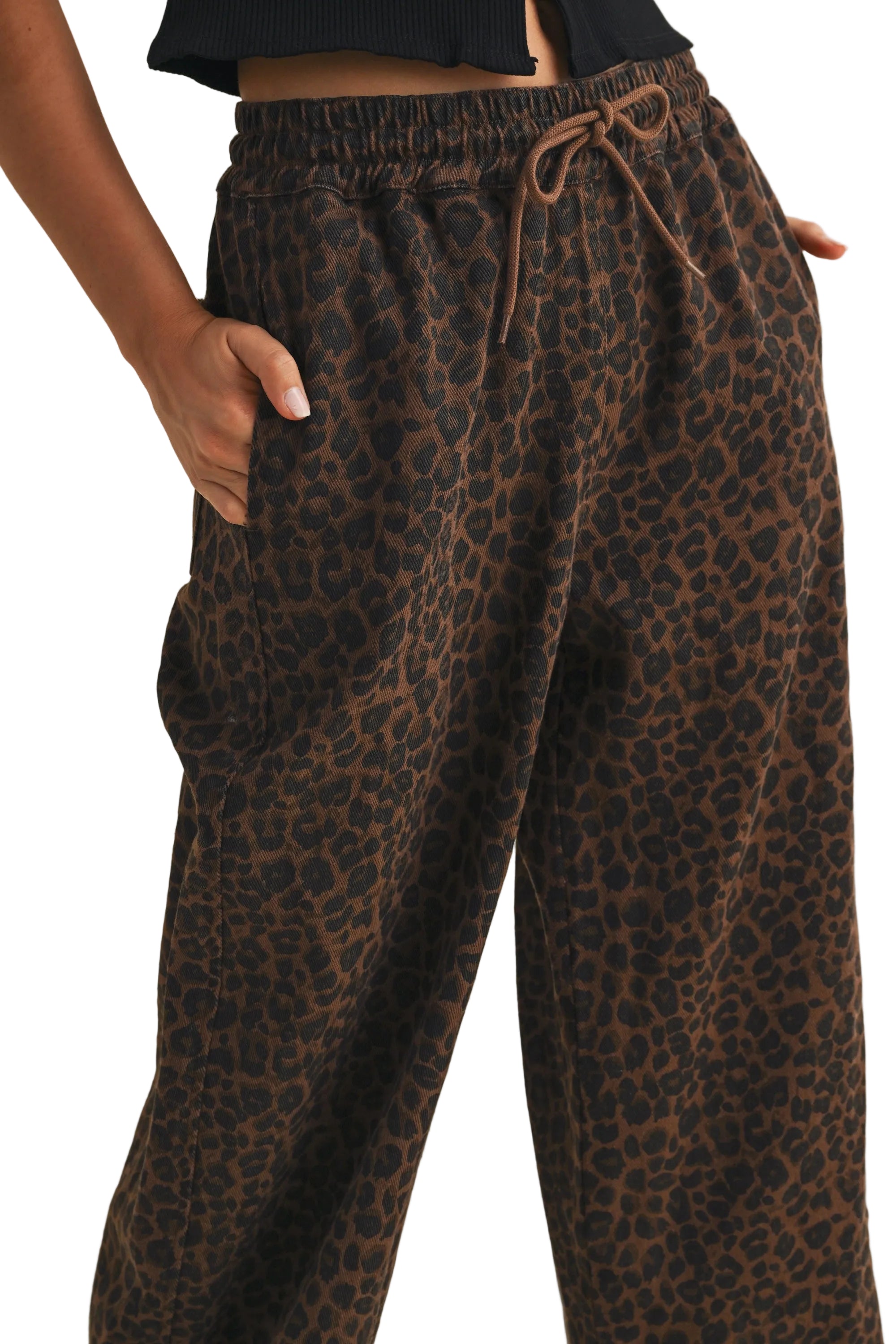 Women's Brown Leopard Print Wide Leg Denim Track Pants