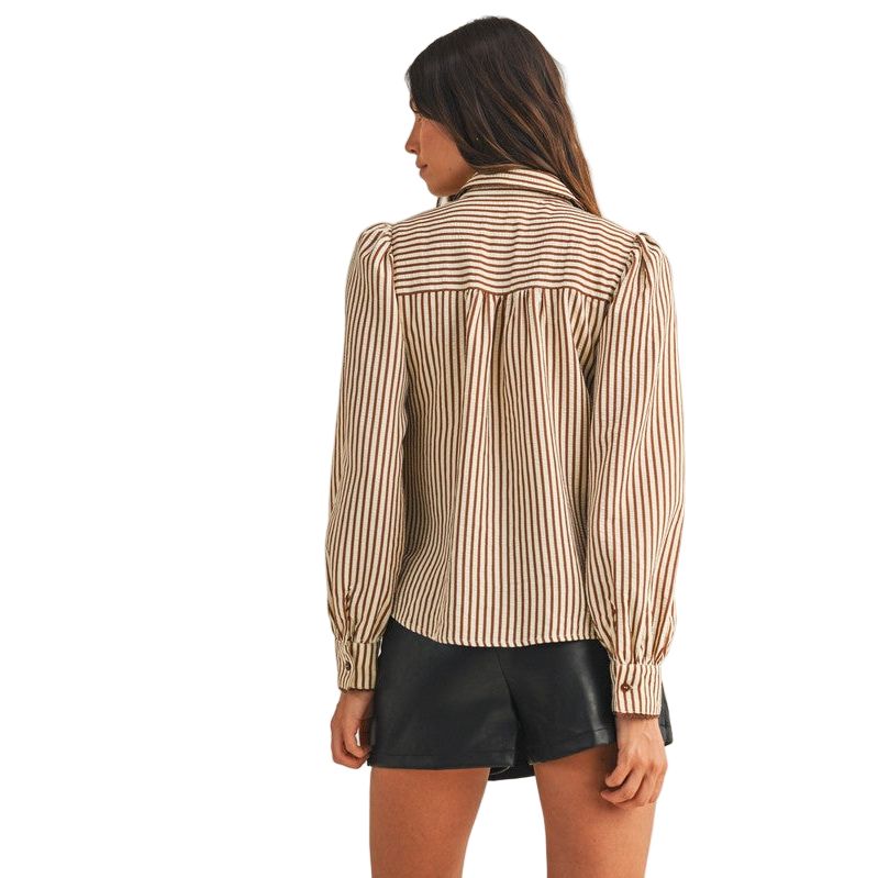Women's Stripe Scallop Trim Detail Puff Sleeve Blouse AT3006W-MOCHA