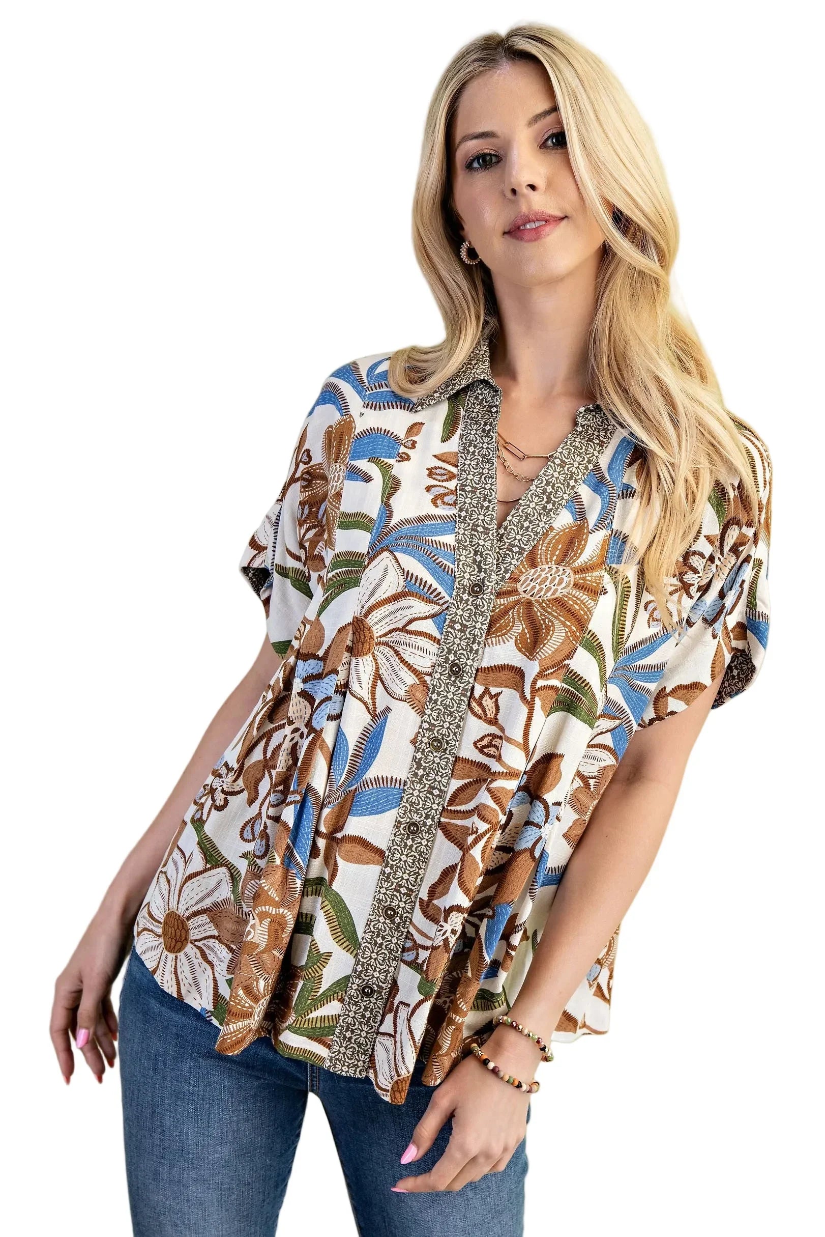 Women's Gigio Walnut Mixed Print Button Down Blouse TE1357