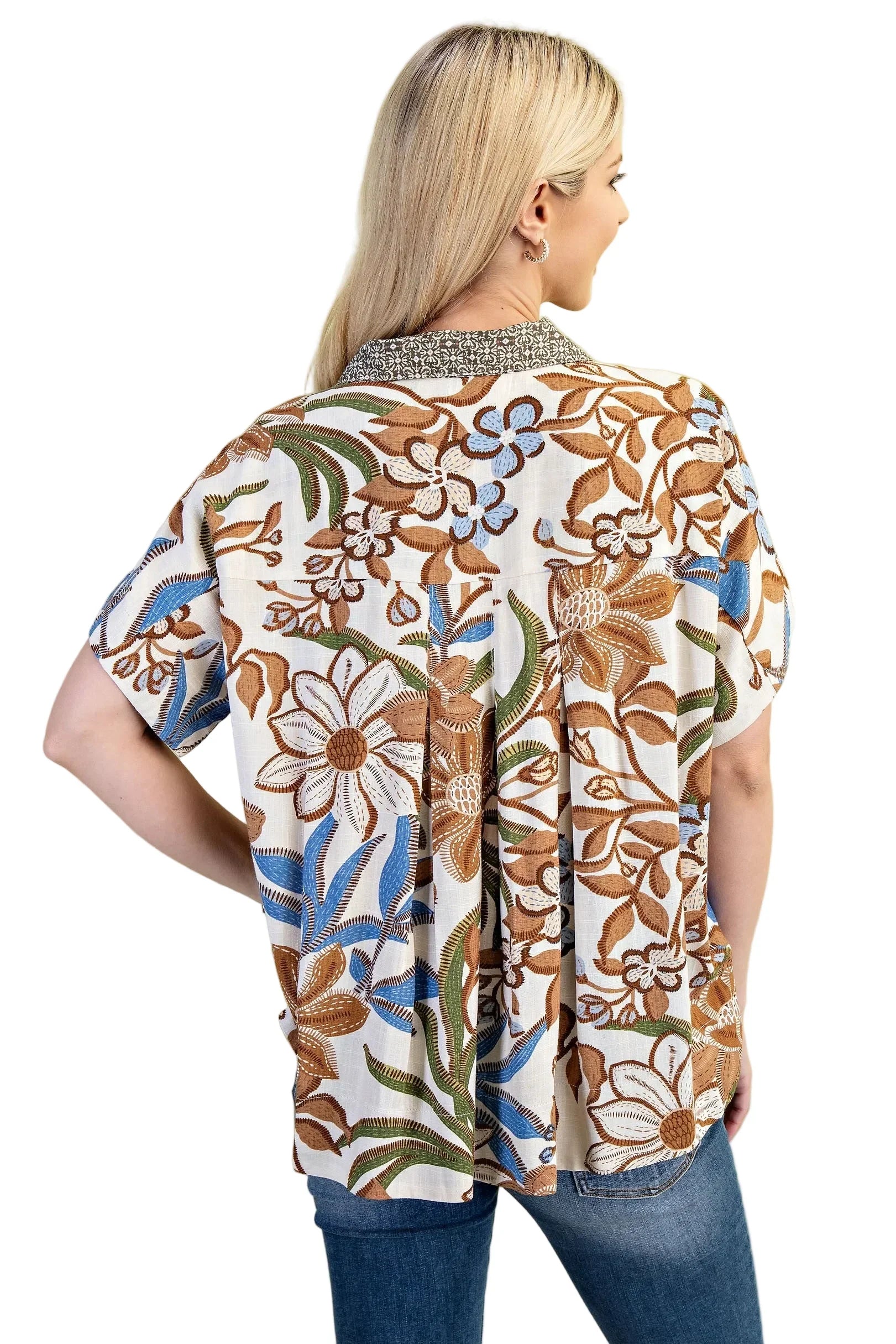 Women's Gigio Walnut Mixed Print Button Down Blouse TE1357