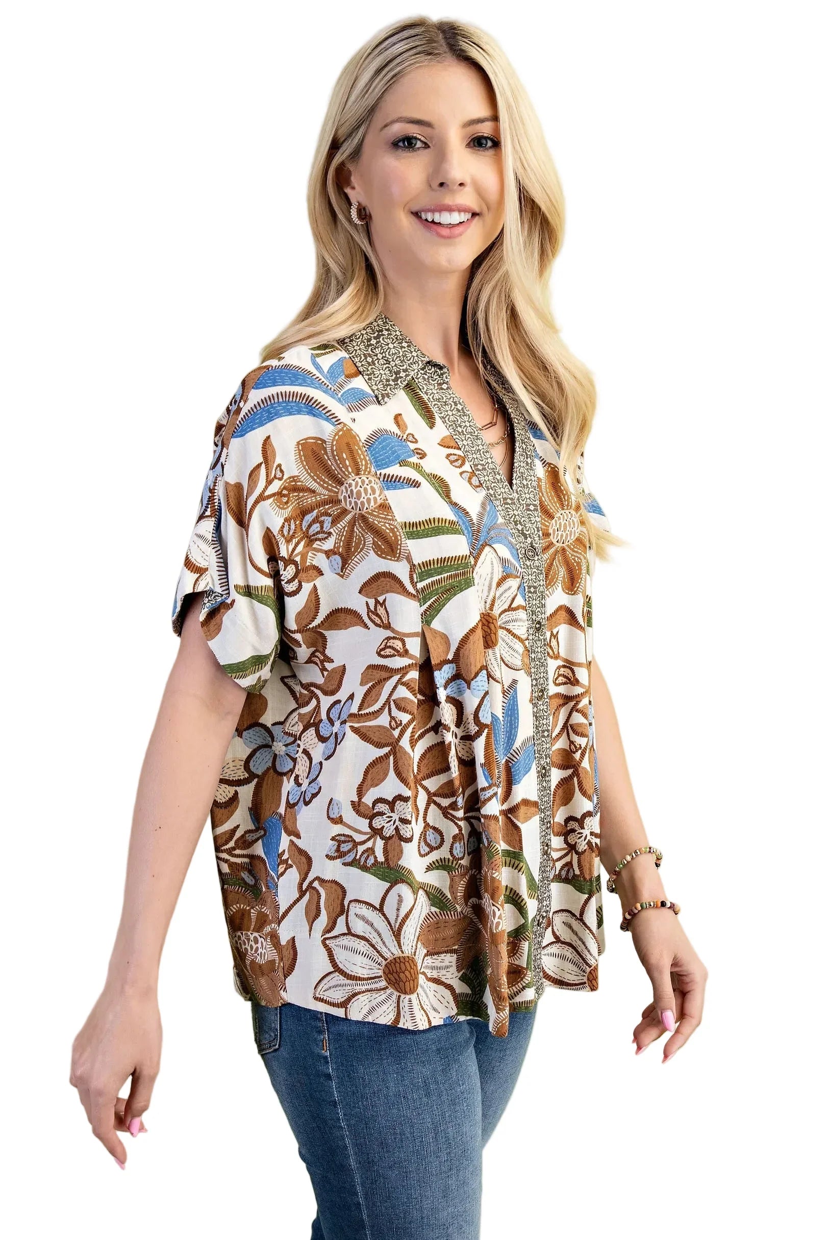 Women's Gigio Walnut Mixed Print Button Down Blouse TE1357