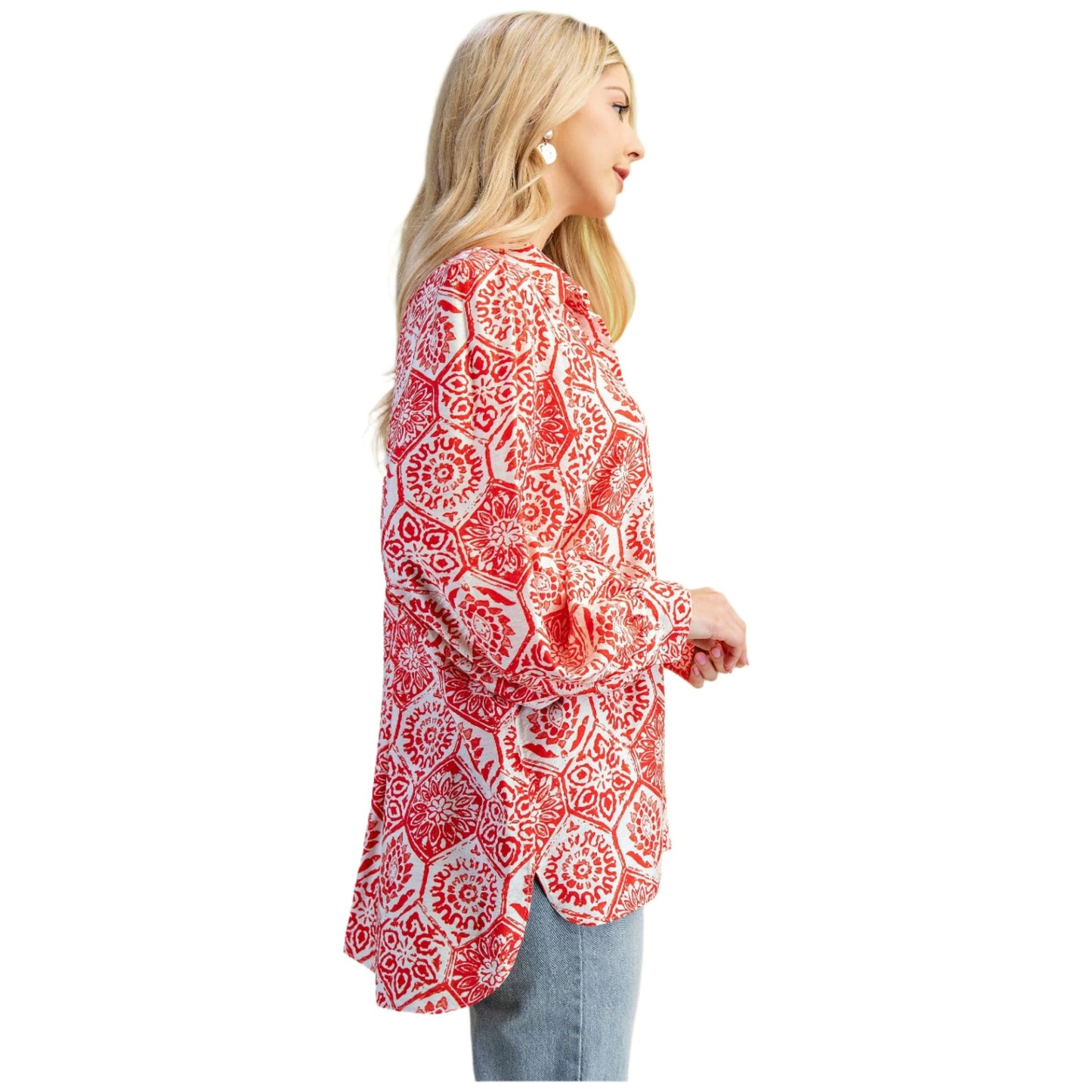 Women's Hexagonal Floral Print Oversized Button Down Shirt TG1912 - Crazy House Western Wear