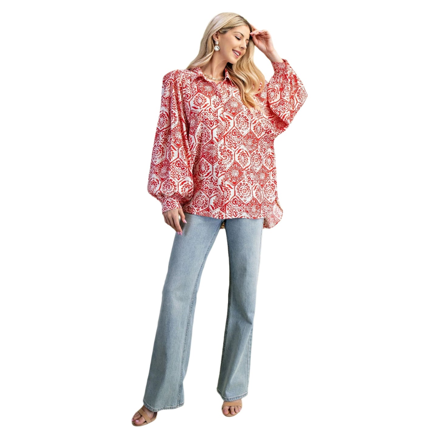 Women's Hexagonal Floral Print Oversized Button Down Shirt TG1912 - Crazy House Western Wear