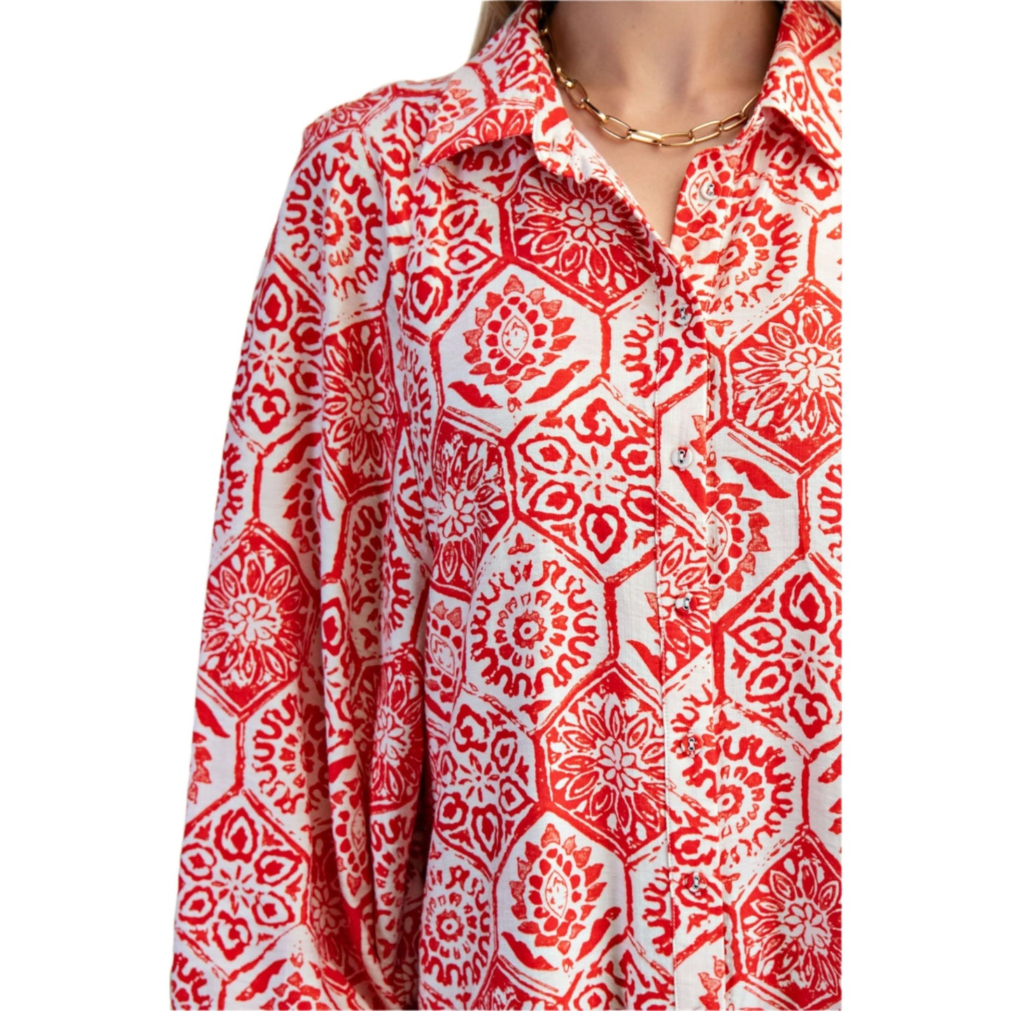Women's Hexagonal Floral Print Oversized Button Down Shirt TG1912 - Crazy House Western Wear