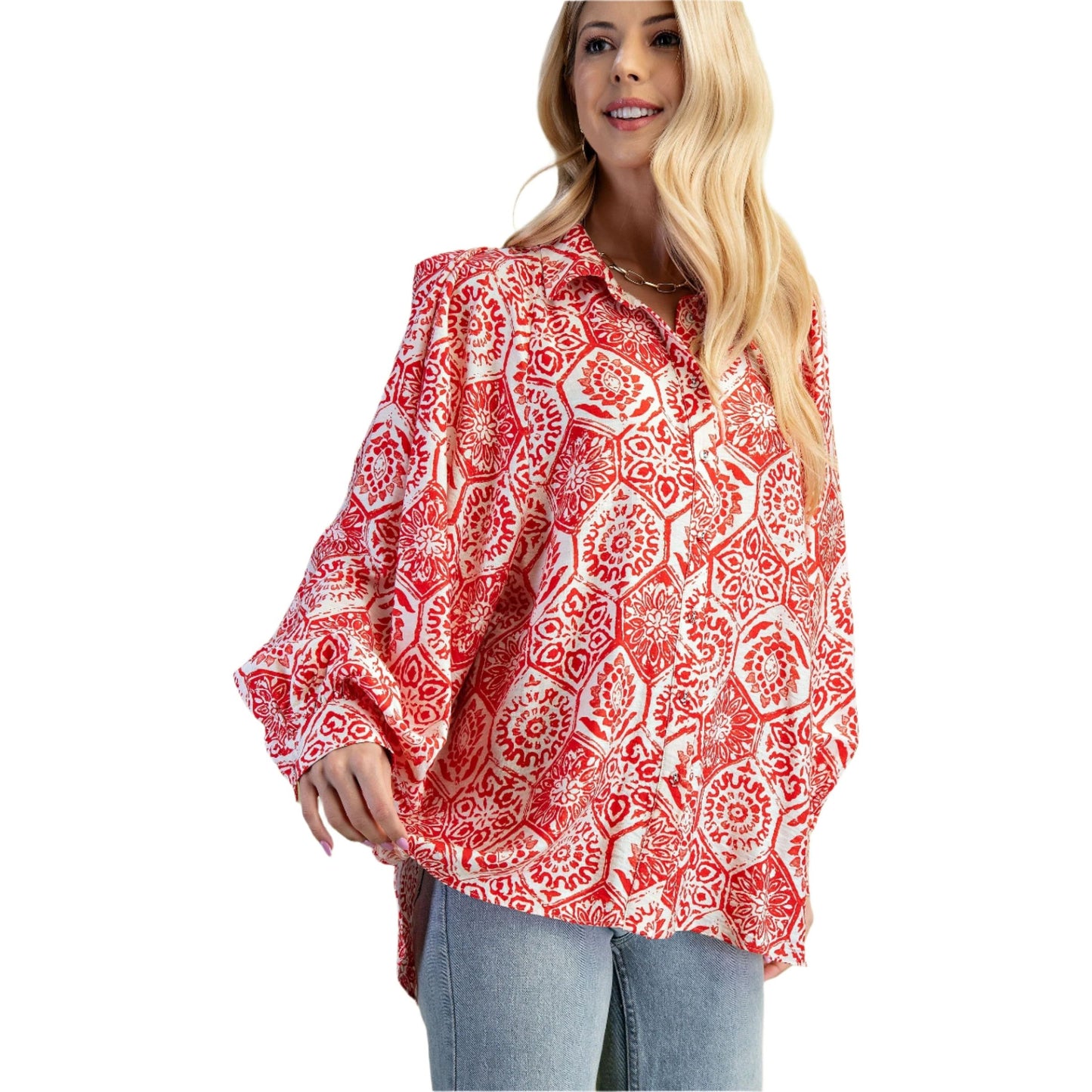 Women's Hexagonal Floral Print Oversized Button Down Shirt TG1912 - Crazy House Western Wear