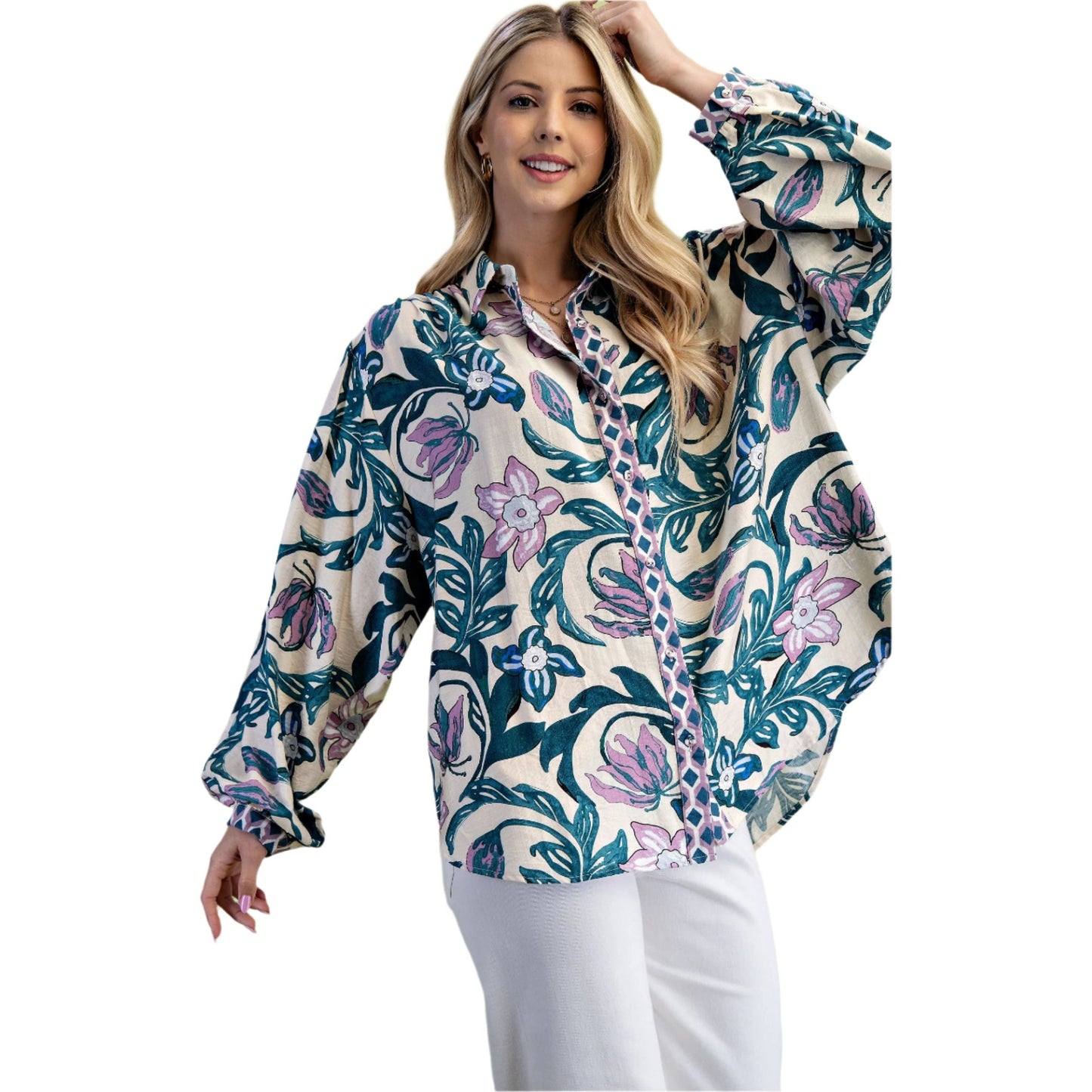 Women's Floral Print Button Down Shirt TG1866 - Crazy House Western Wear