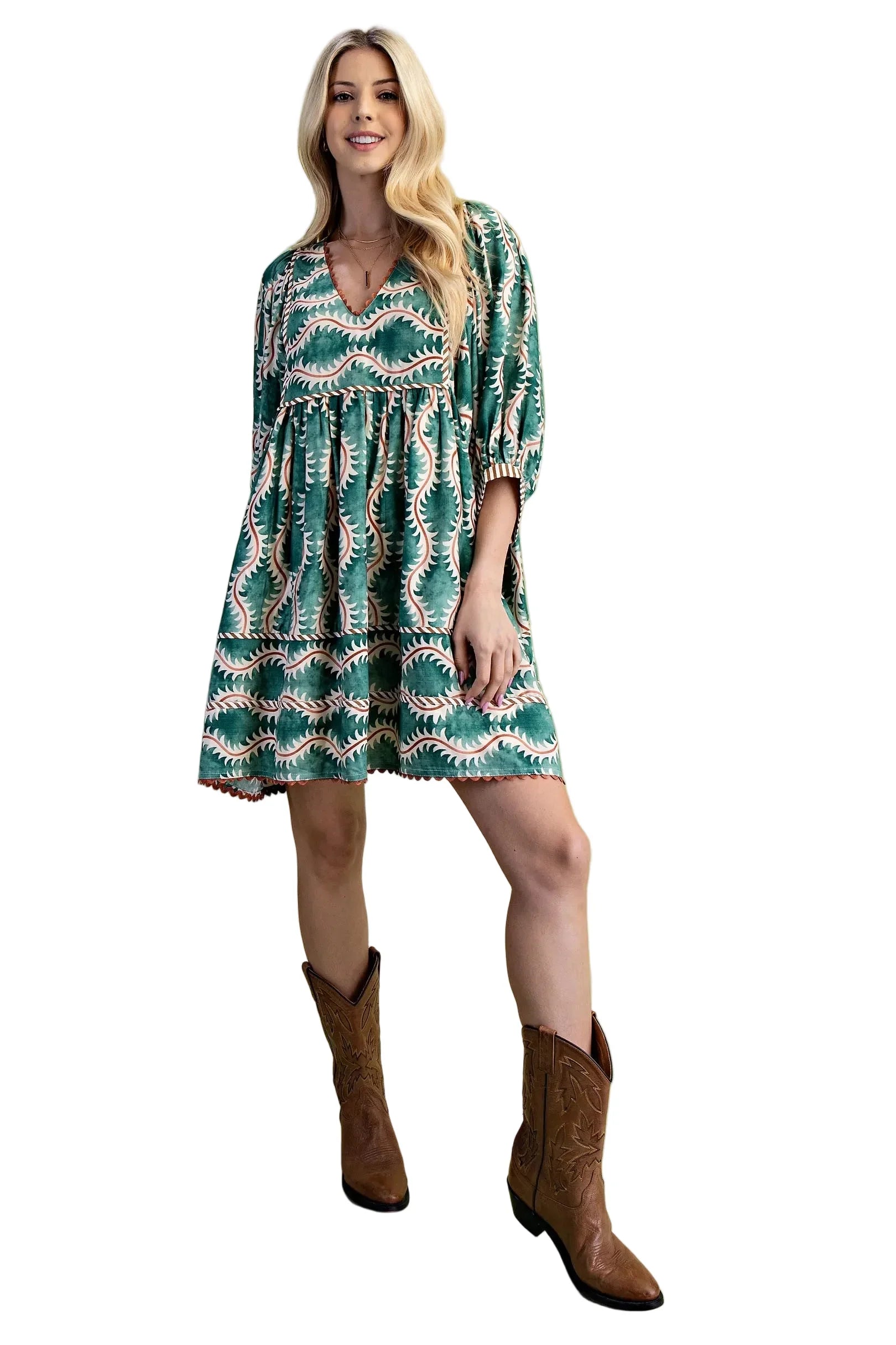 Women's Gigio Green Printed V-neck Mini Dress