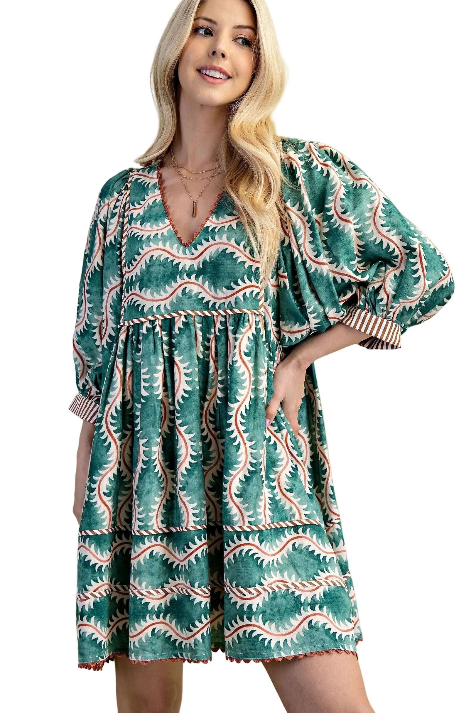 Women's Gigio Green Printed V-neck Mini Dress