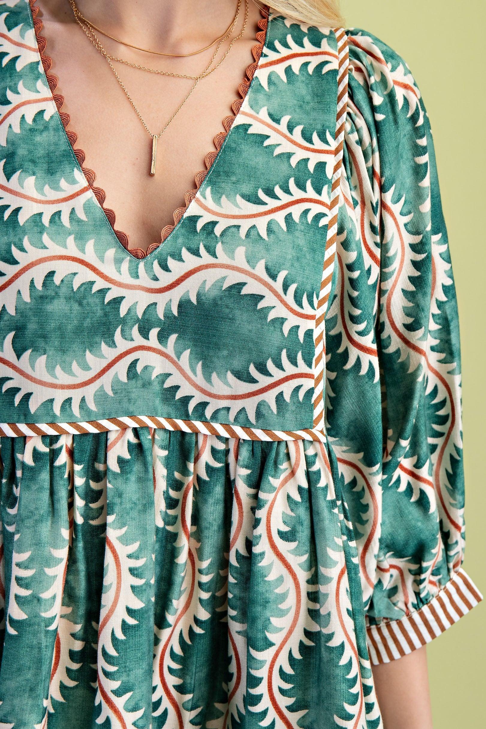 Women's Gigio Green Printed V-neck Mini Dress