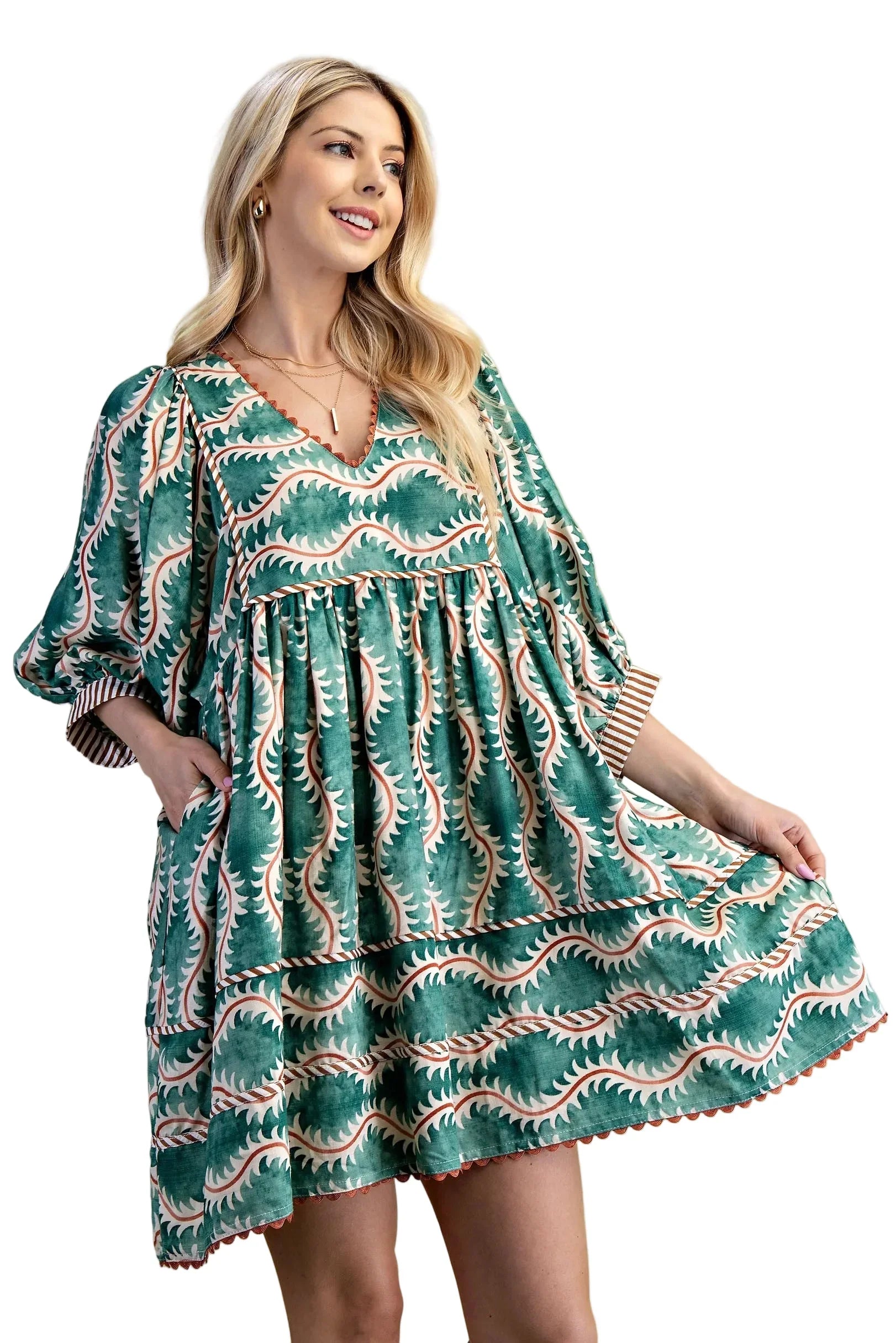 Women's Gigio Green Printed V-neck Mini Dress