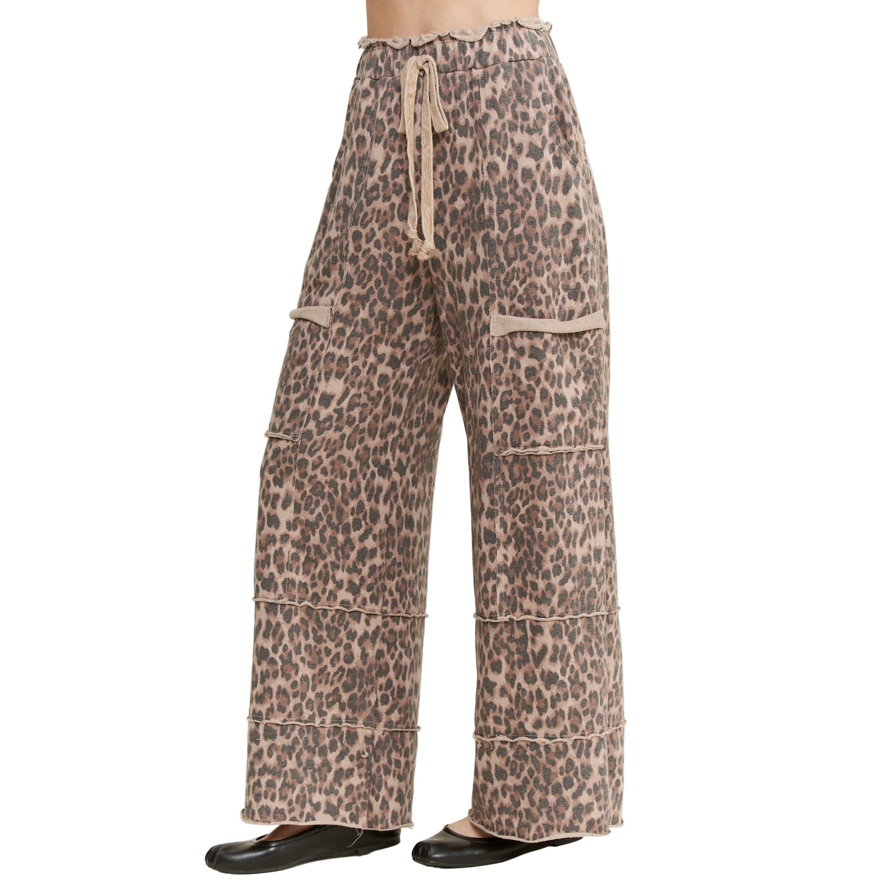 Mineral Washed Animal Leopard Wide Leg Pants