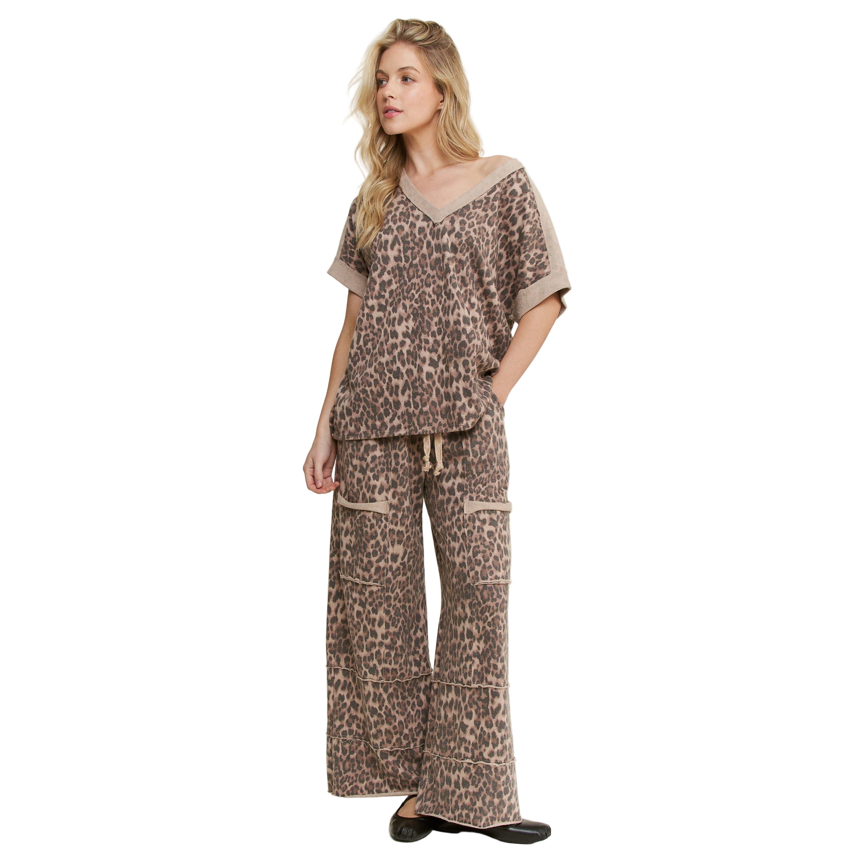 Mineral Washed Animal Leopard Wide Leg Pants