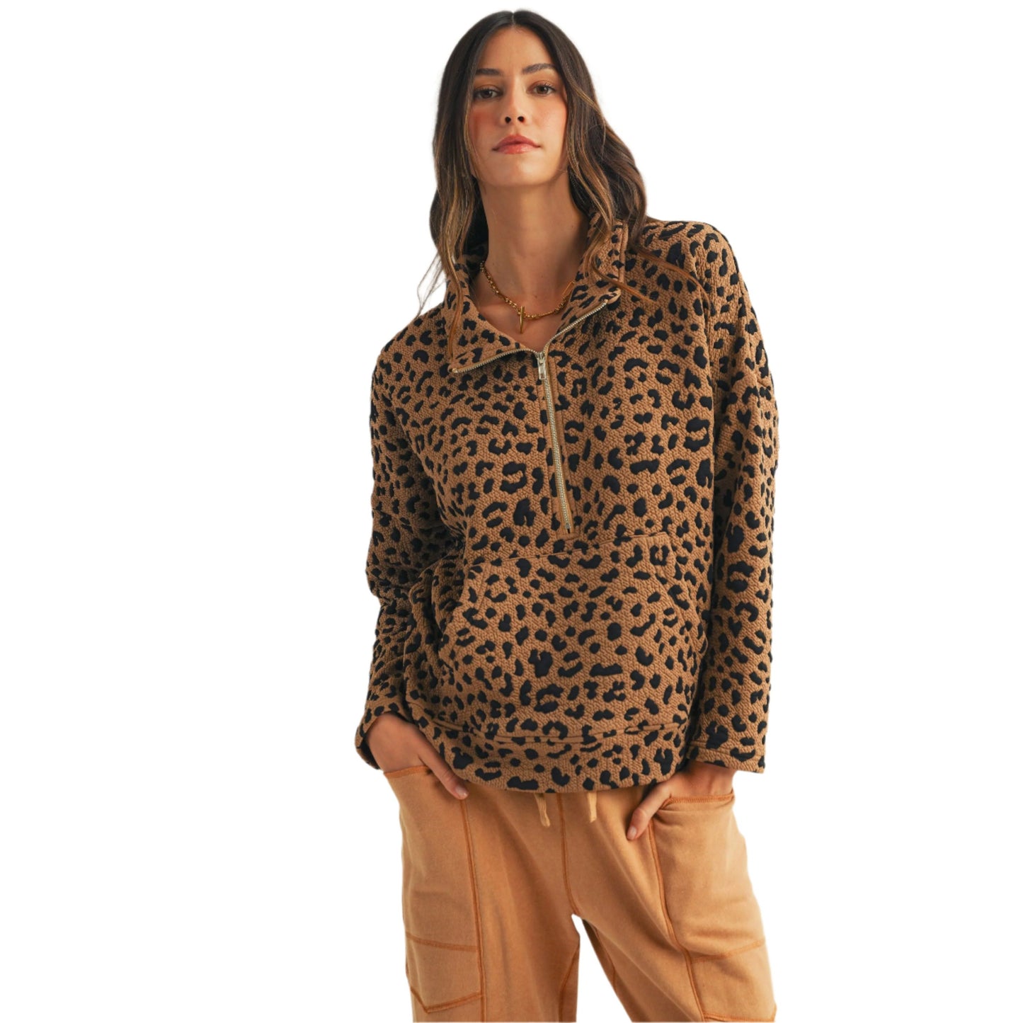 Women's Leopard Loose Fit Zipper Pullover Top DT1150