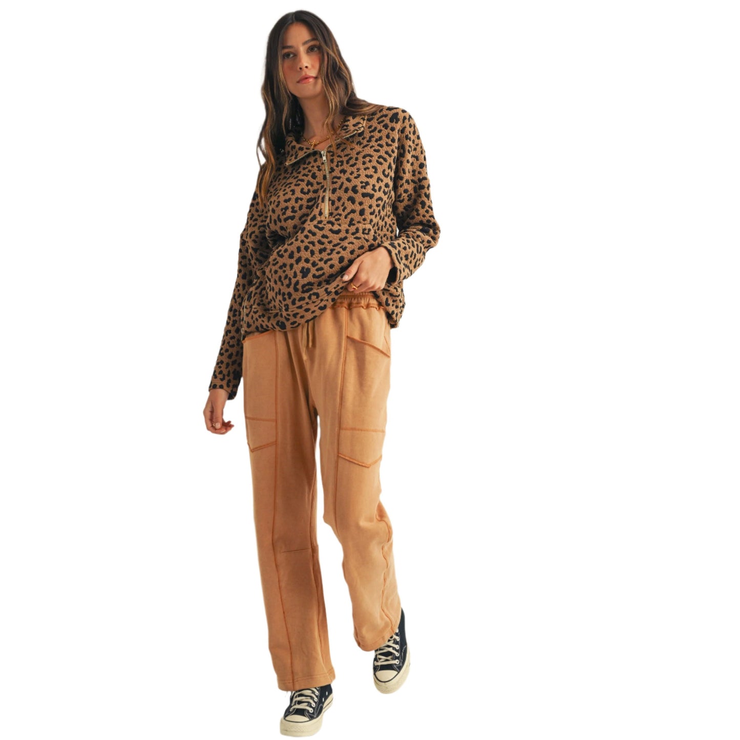 Women's Leopard Loose Fit Zipper Pullover Top DT1150