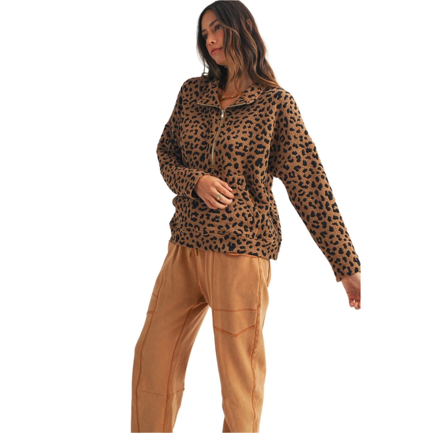Women's Leopard Loose Fit Zipper Pullover Top DT1150