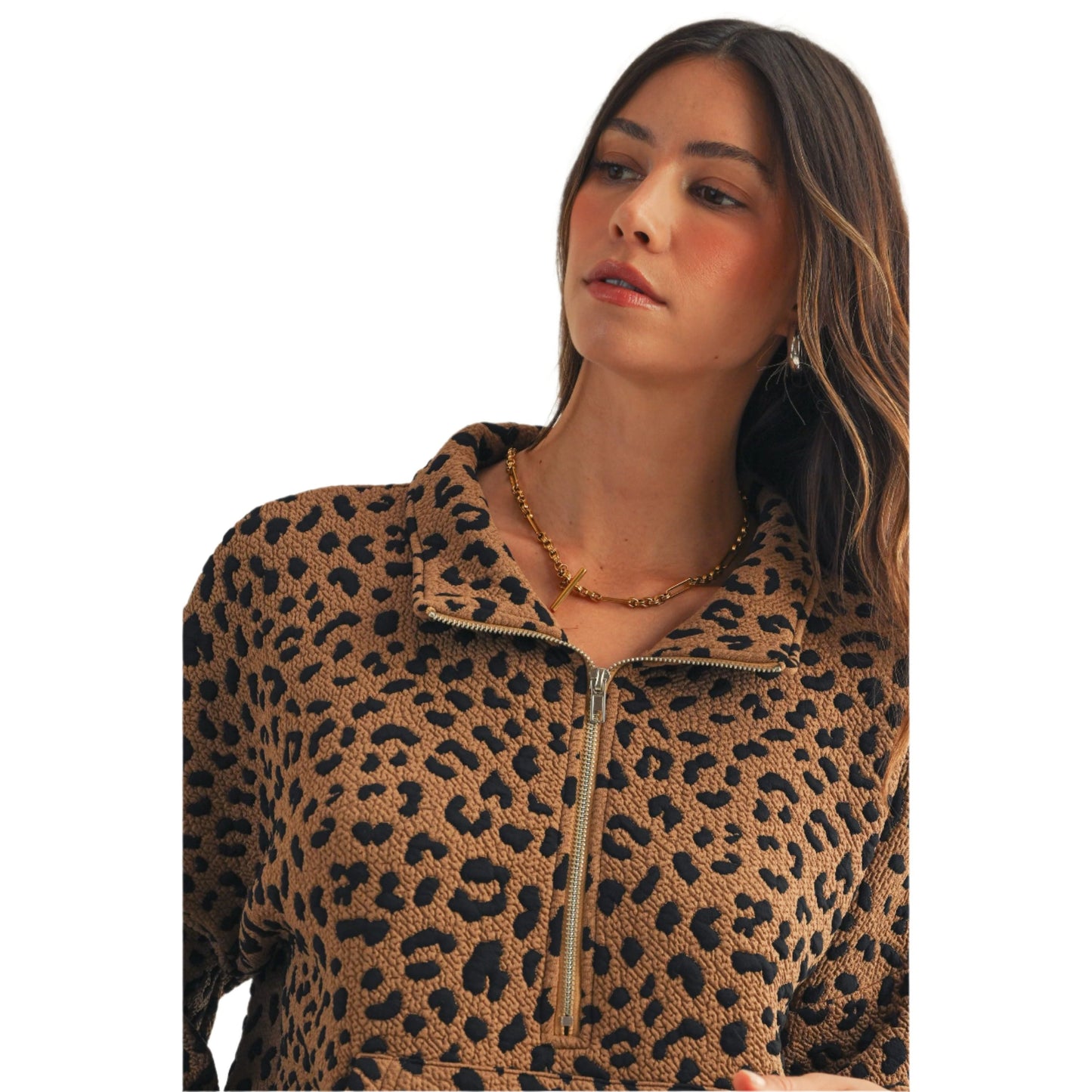 Women's Leopard Loose Fit Zipper Pullover Top DT1150