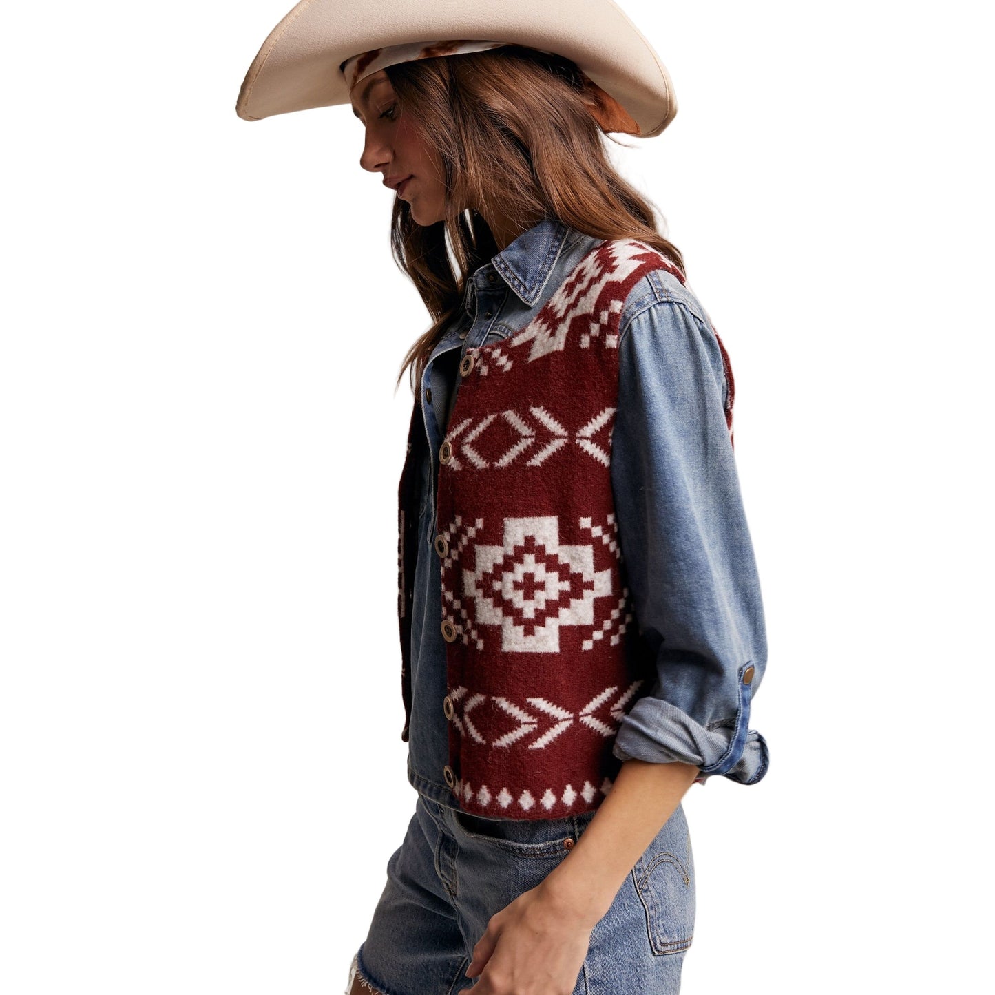 Women's Southwestern Button-up Wool Vest LSW0977-BUR