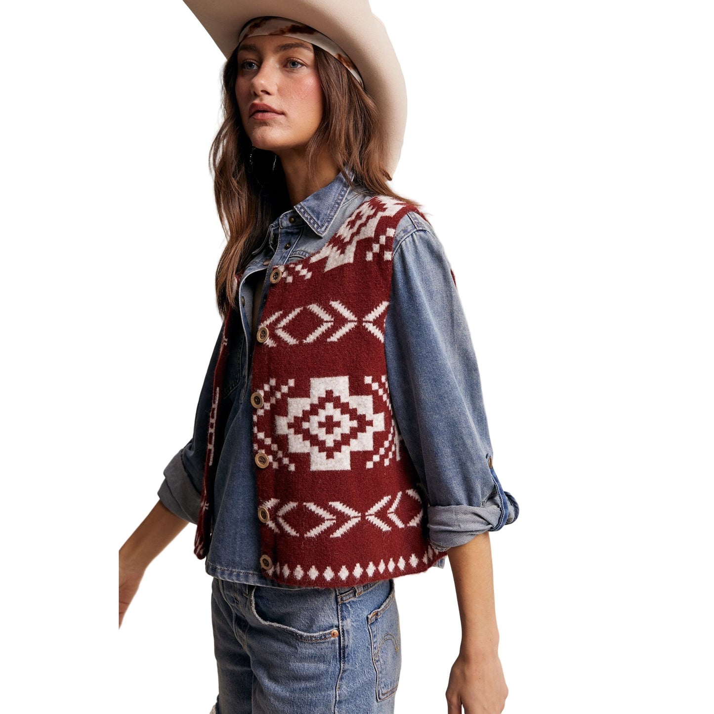 Women's Southwestern Button-up Wool Vest LSW0977-BUR
