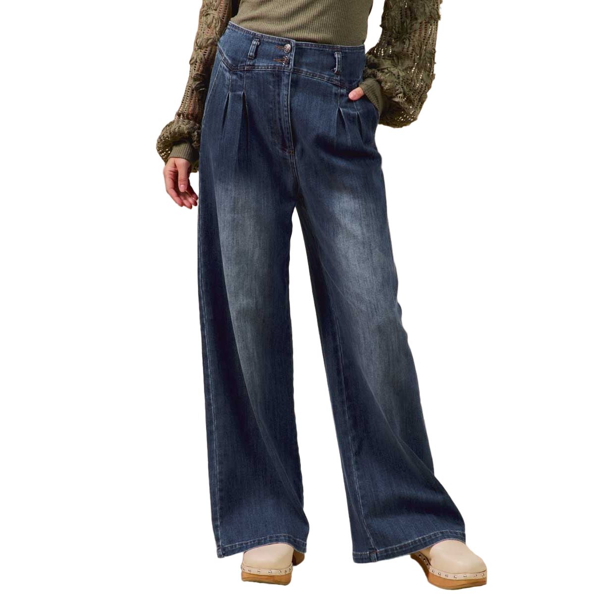 Women's High Waist Pleated Wide Leg Denim Jeans SB8562F-01