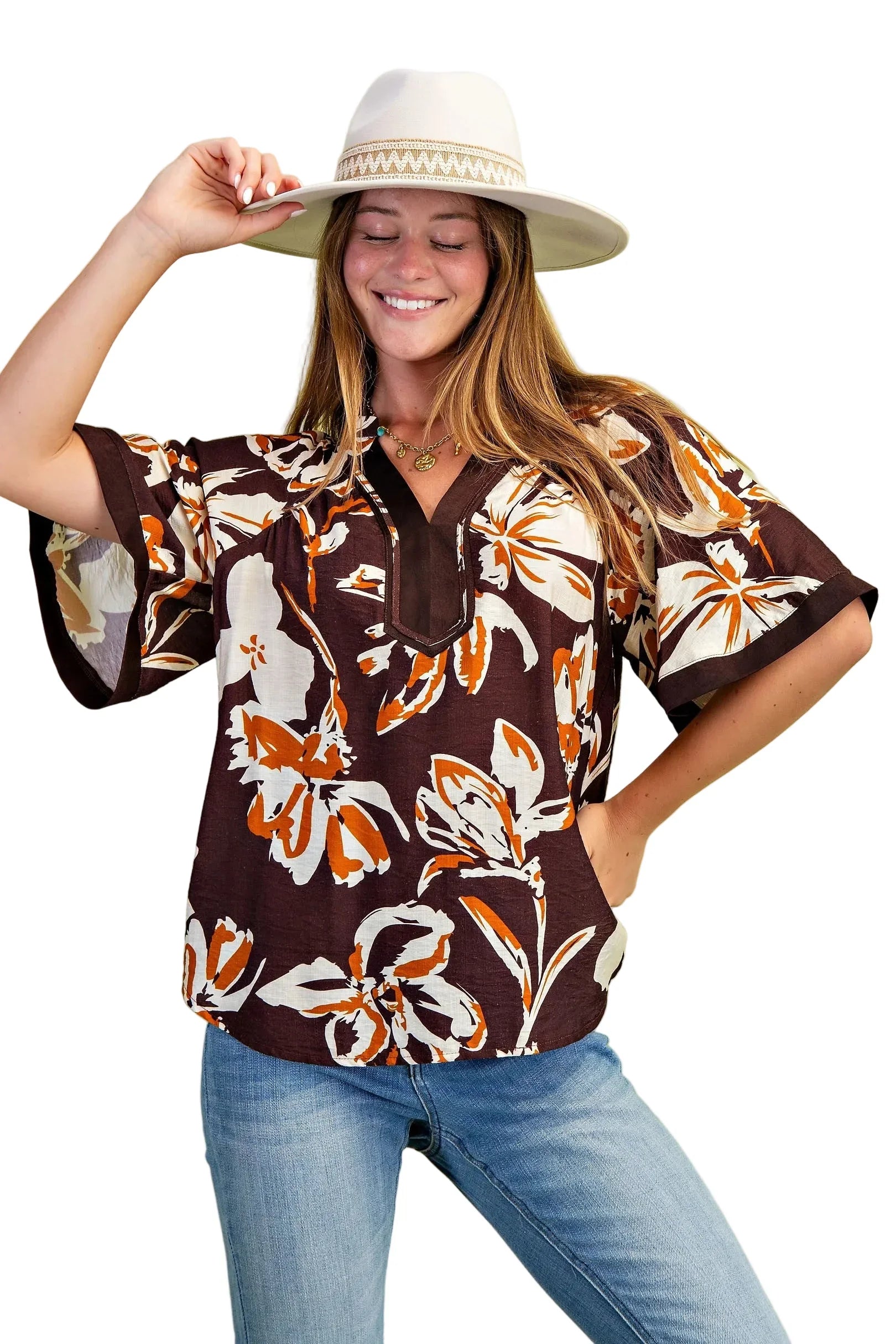 Women's Gigio Brown Floral V-neck Top