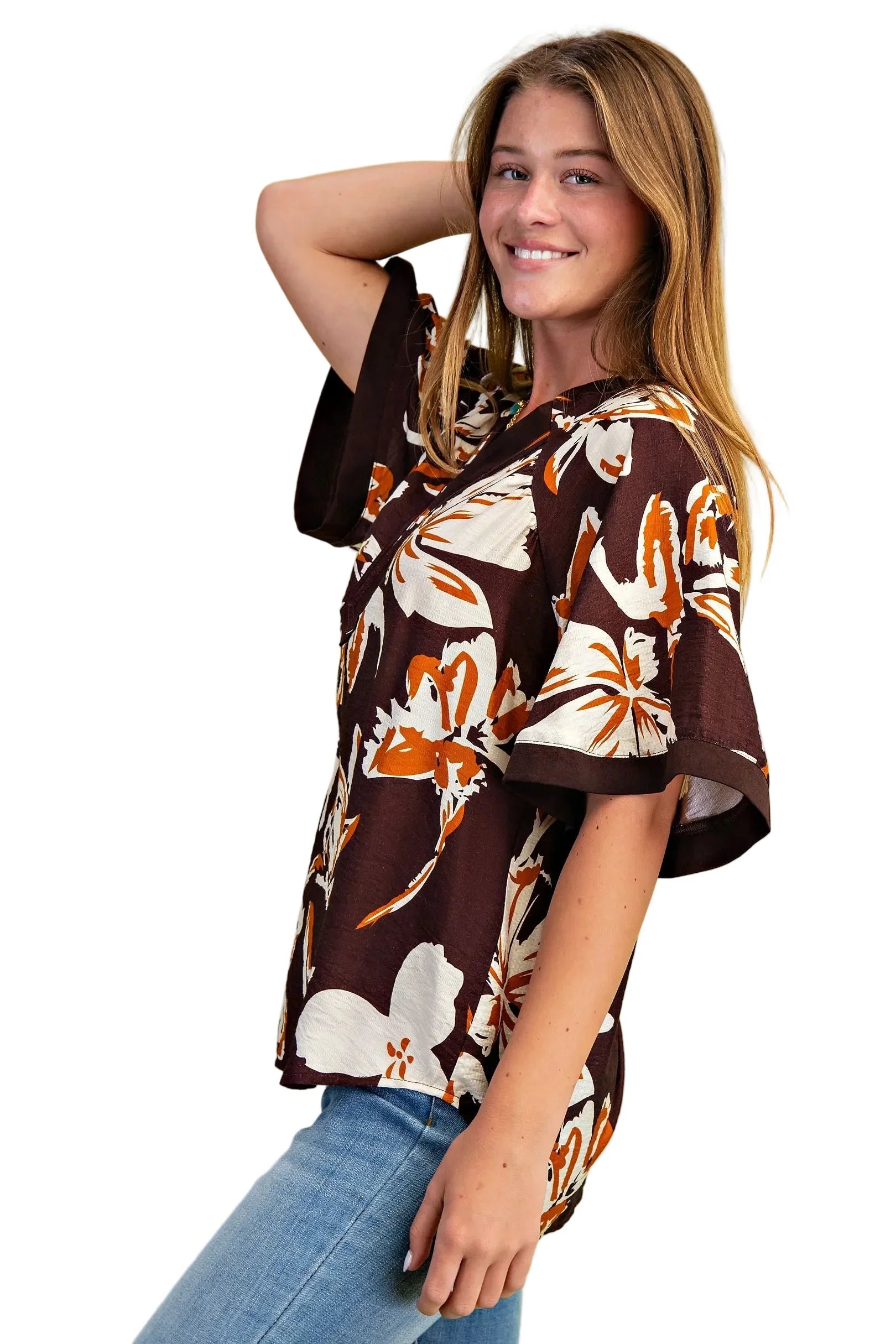 Women's Gigio Brown Floral V-neck Top