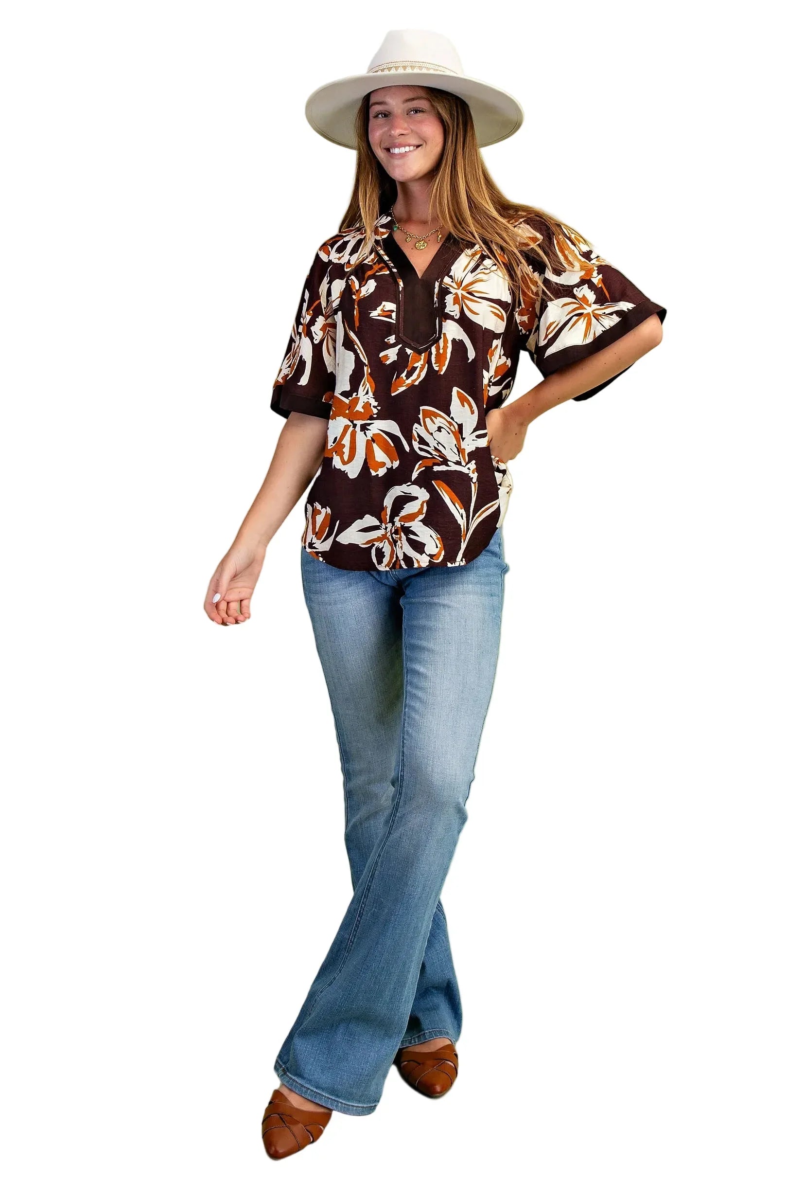 Women's Gigio Brown Floral V-neck Top