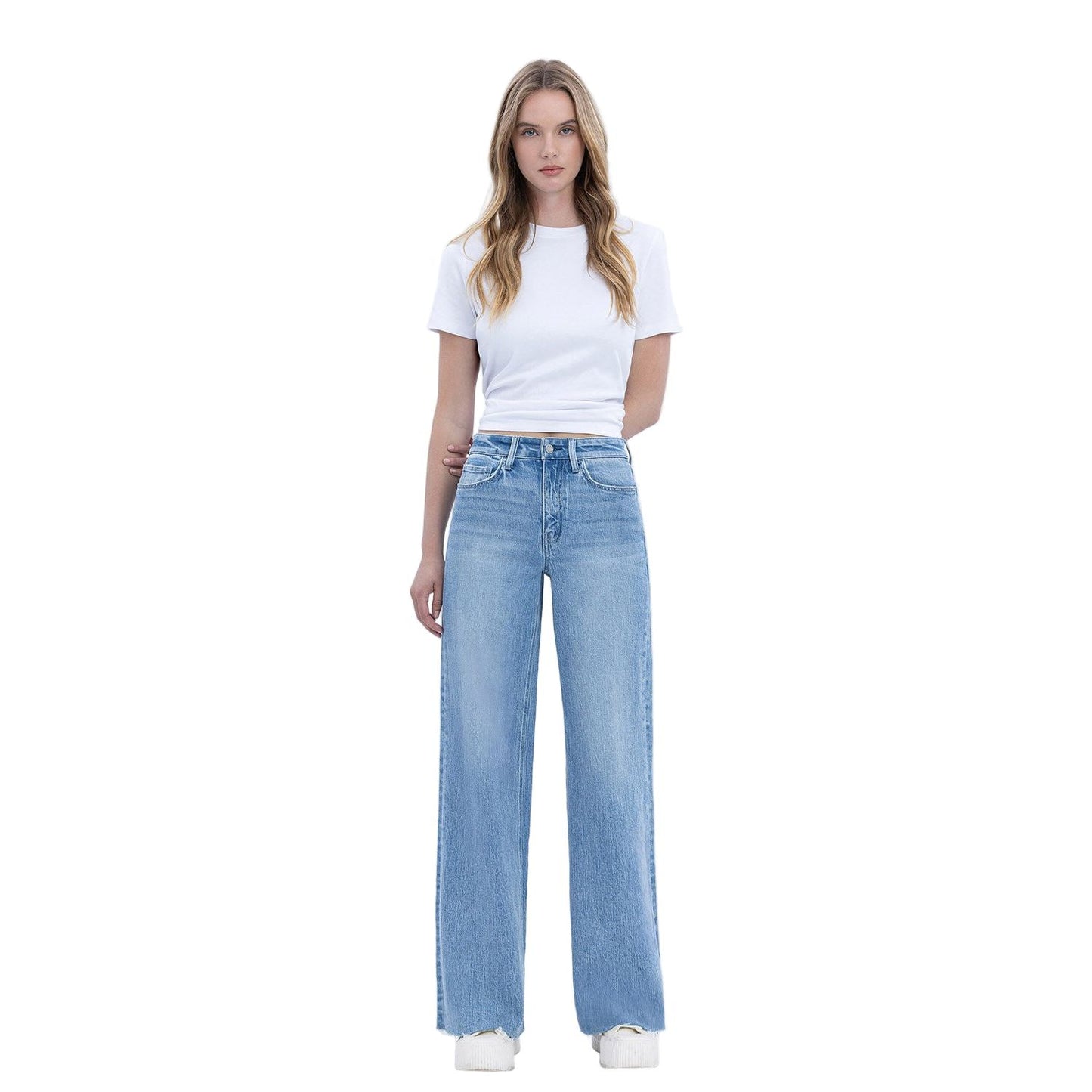 Women's High Rise Clean Cut Raw Hem Wide Jeans T6900