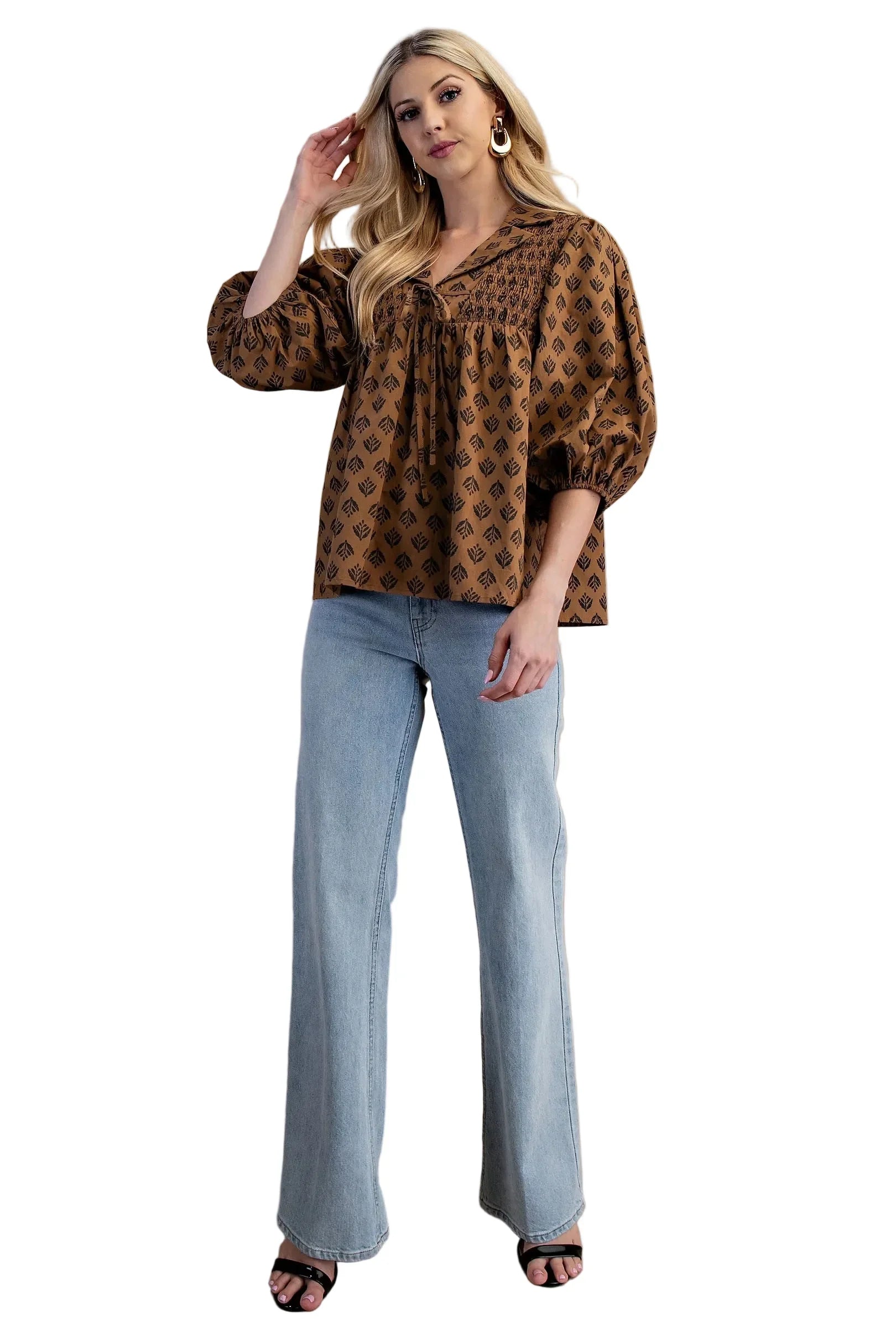 Women's Gigio Brown Printed Front Tie Blouse