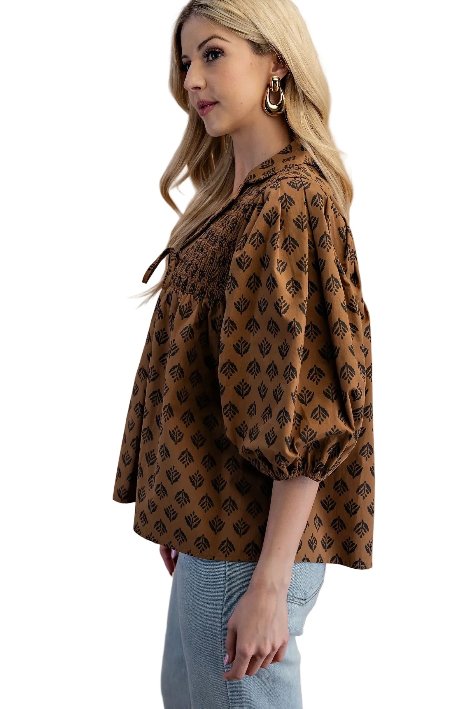 Women's Gigio Brown Printed Front Tie Blouse