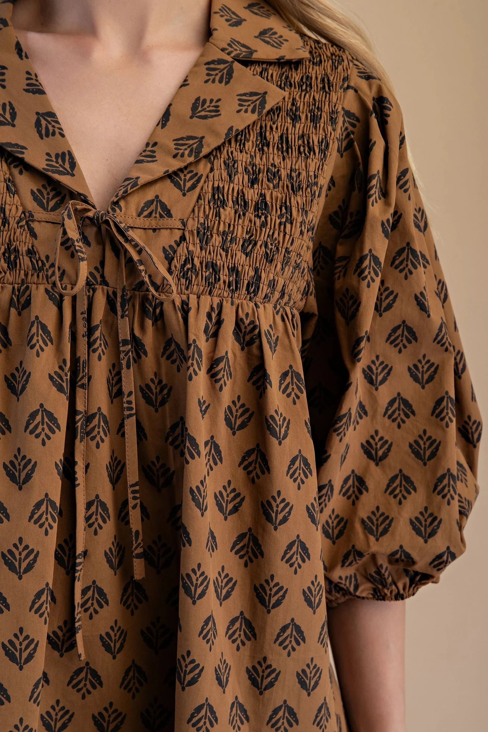 Women's Gigio Brown Printed Front Tie Blouse