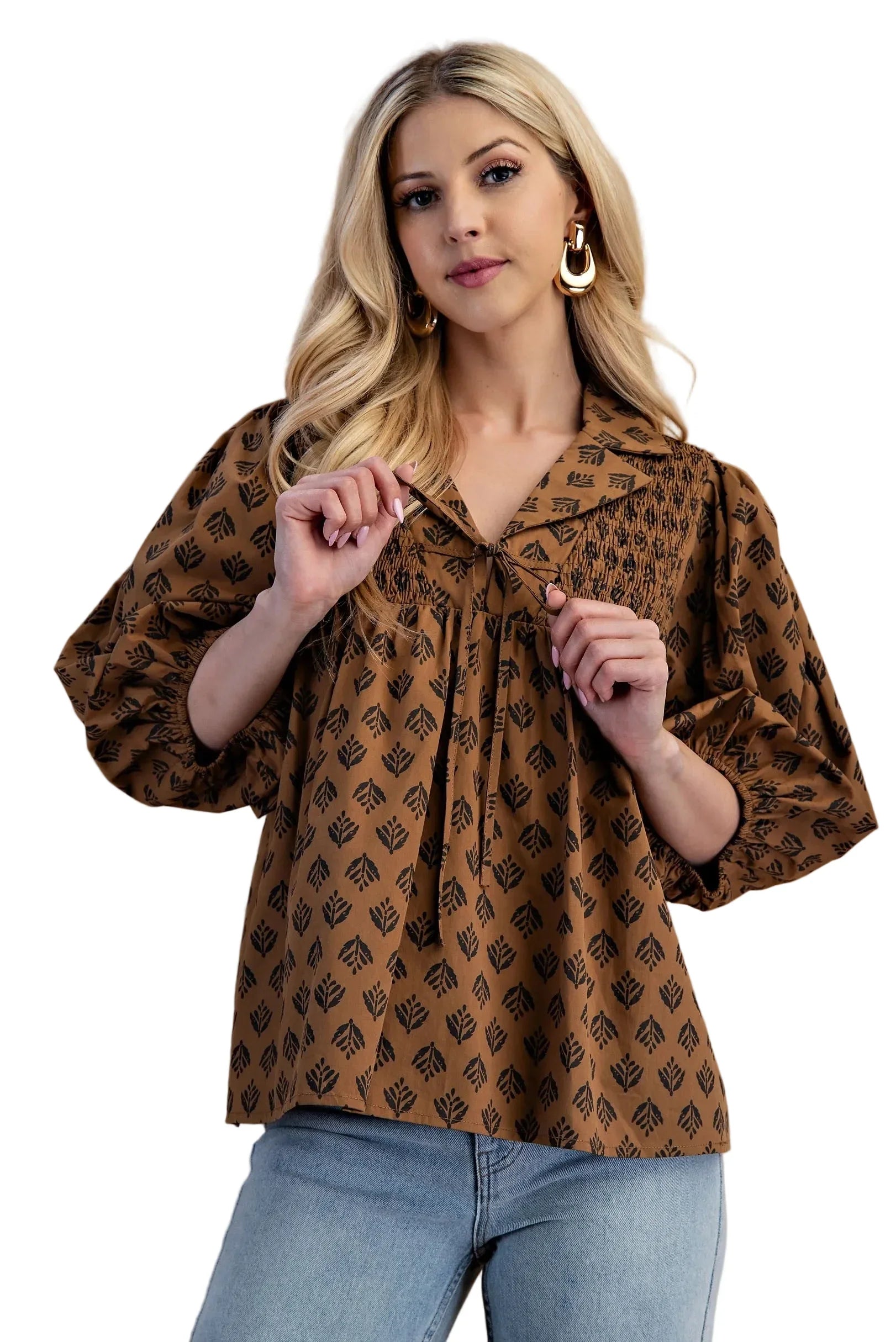 Women's Gigio Brown Printed Front Tie Blouse