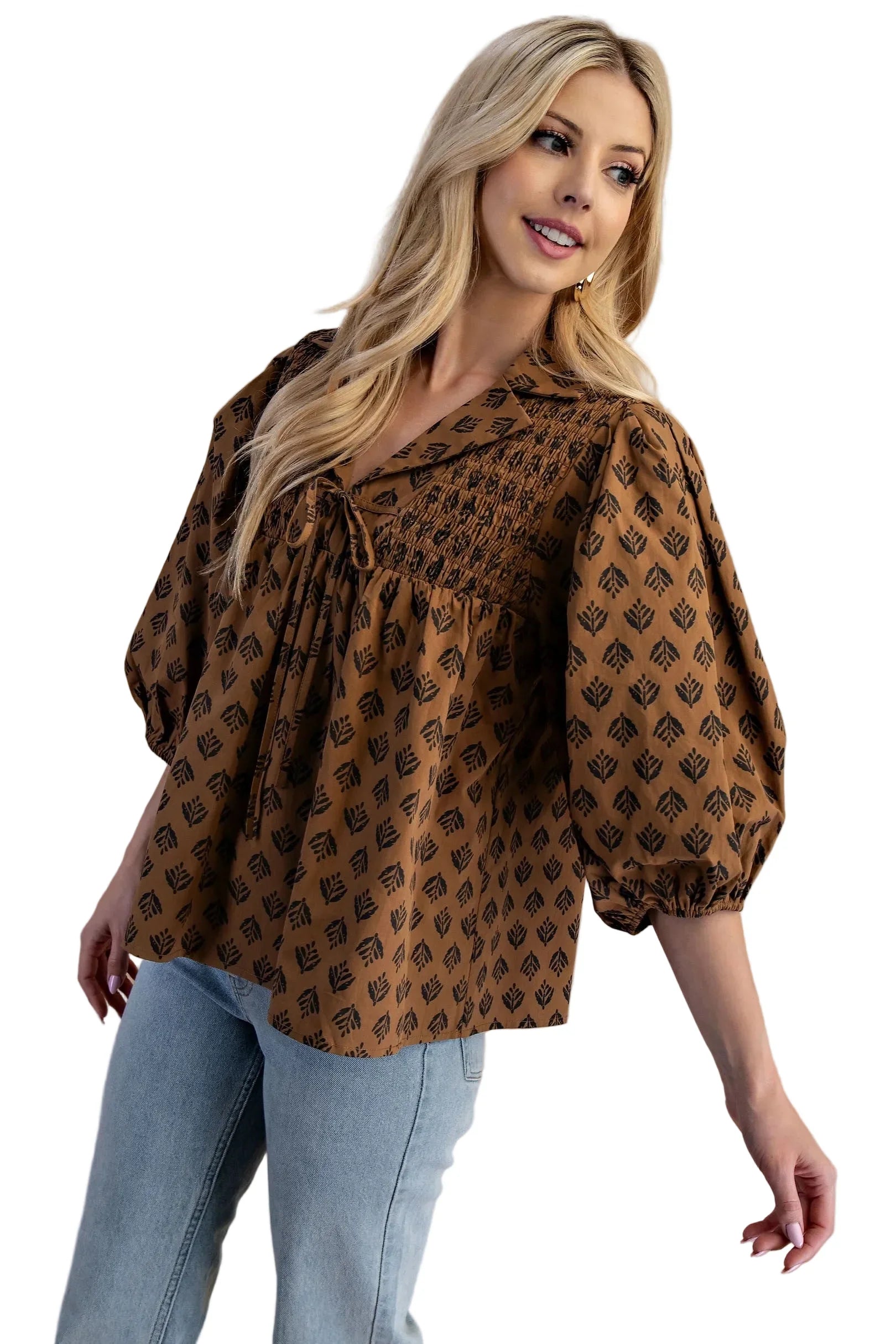 Women's Gigio Brown Printed Front Tie Blouse
