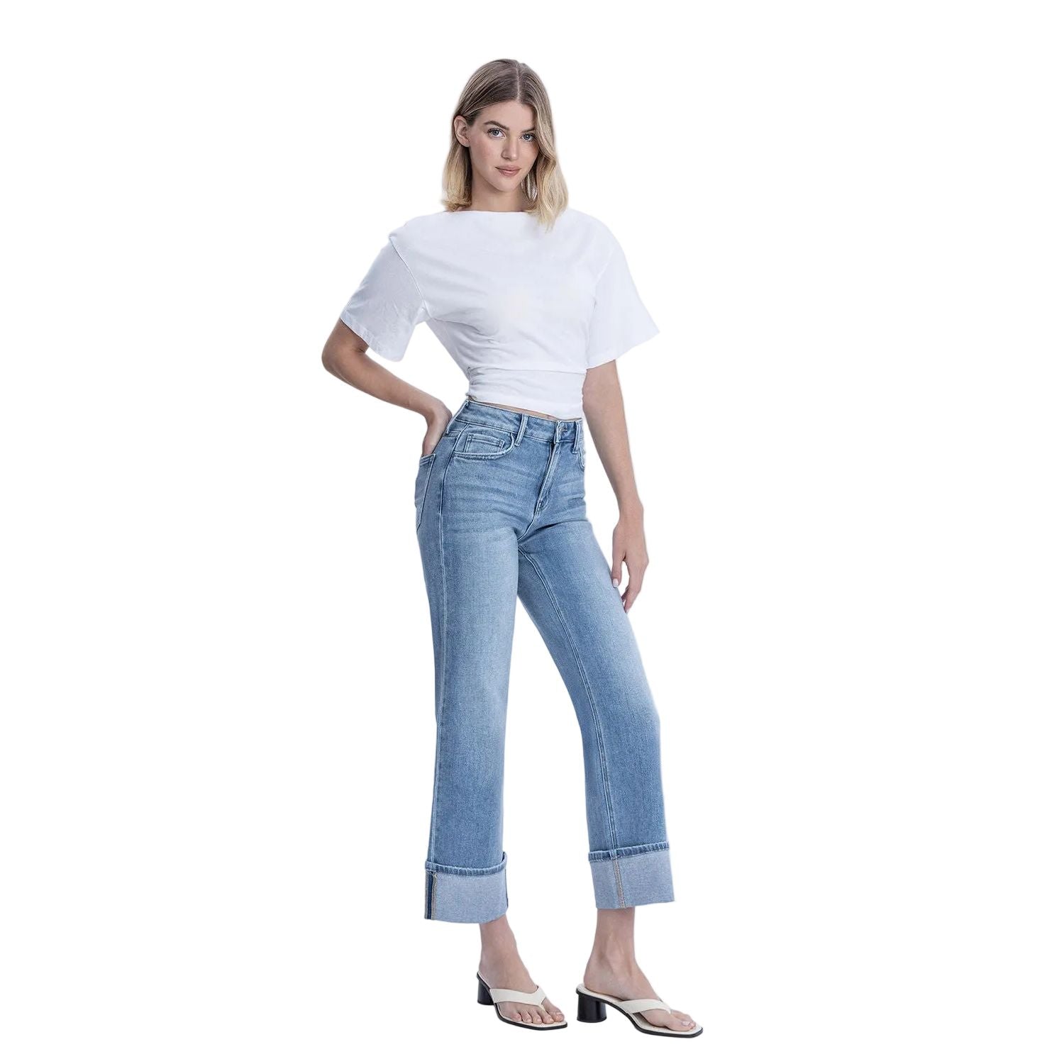 Women's Flying Monkey High Rise Medium Light Wash Cuffed Slim Wide Jeans F6061