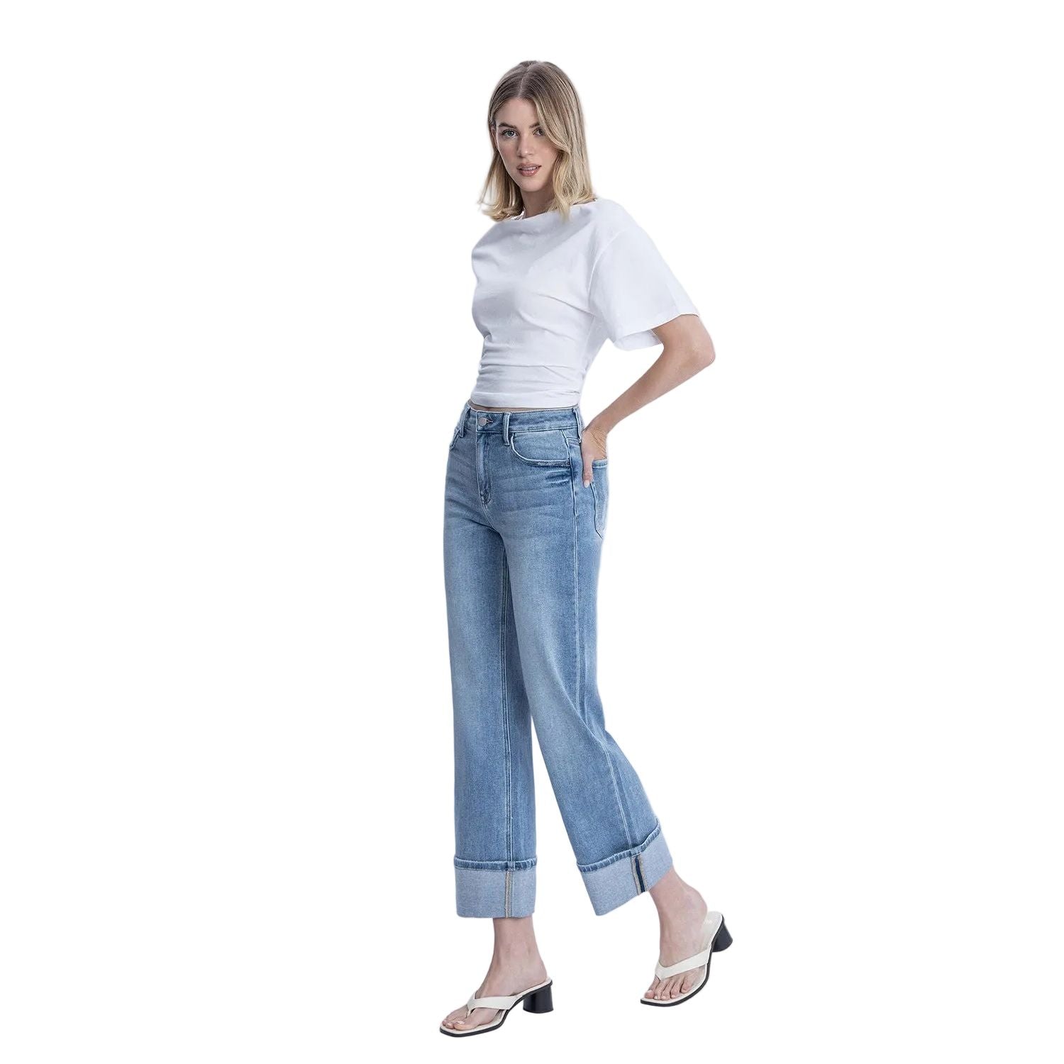 Women's Flying Monkey High Rise Medium Light Wash Cuffed Slim Wide Jeans F6061