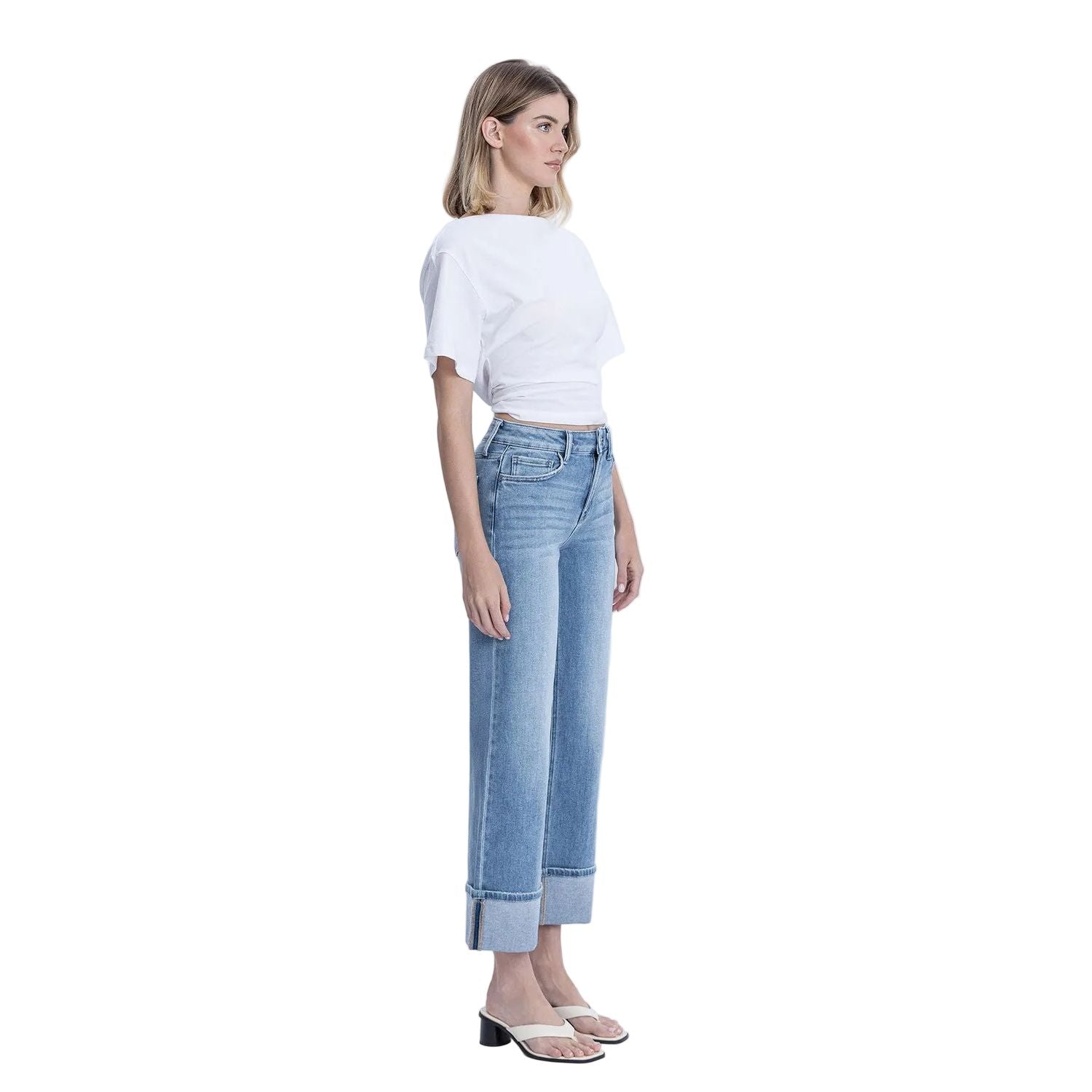 Women's Flying Monkey High Rise Medium Light Wash Cuffed Slim Wide Jeans F6061