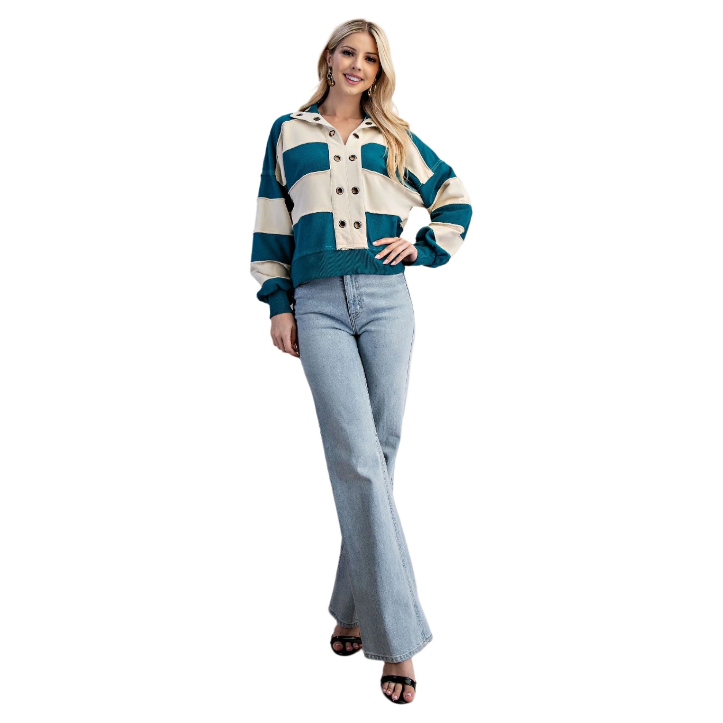 Women's Striped Texture Mixed Rugby Style Sweatshirt TE1326 - Crazy House Western Wear