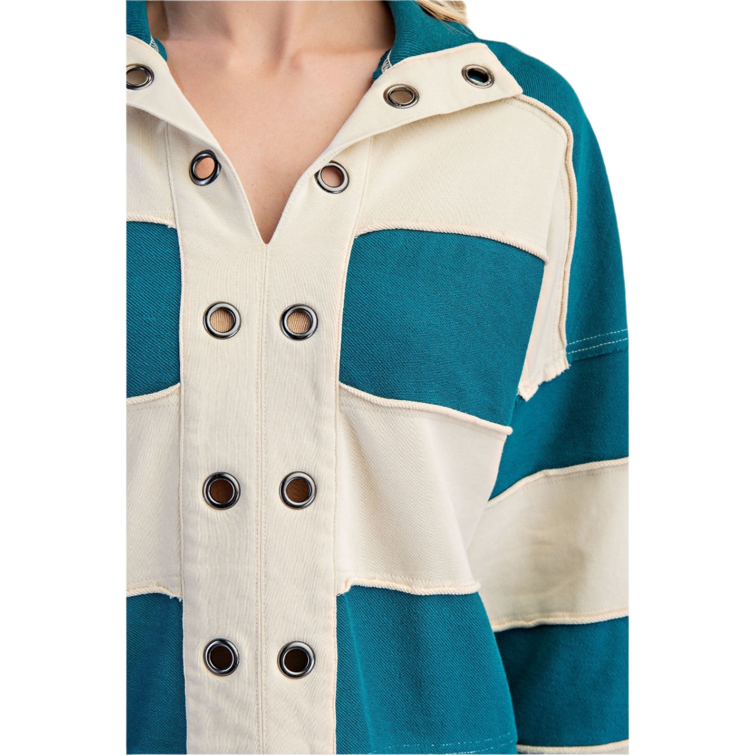 Women's Striped Texture Mixed Rugby Style Sweatshirt TE1326 - Crazy House Western Wear