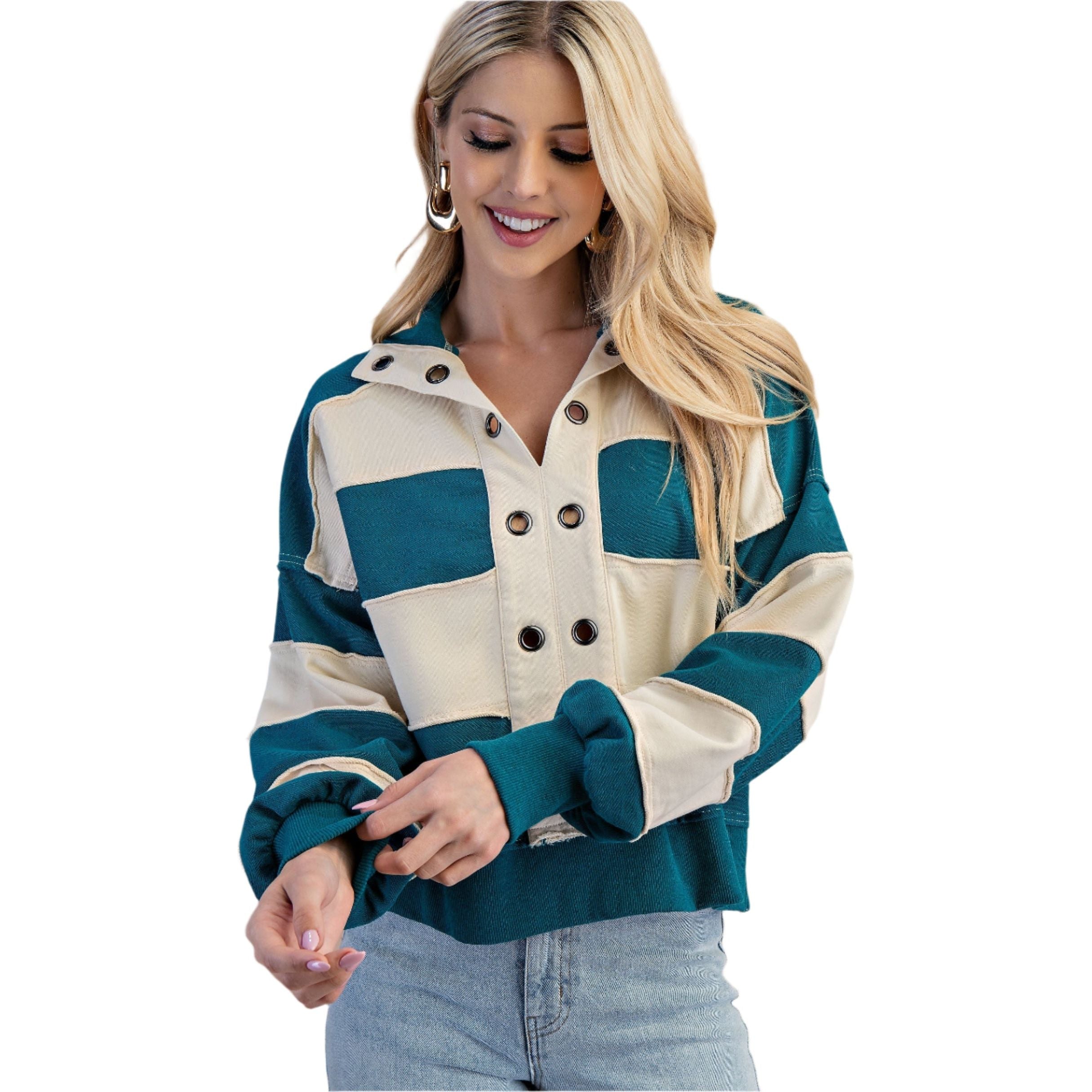 Women's Striped Texture Mixed Rugby Style Sweatshirt TE1326 - Crazy House Western Wear