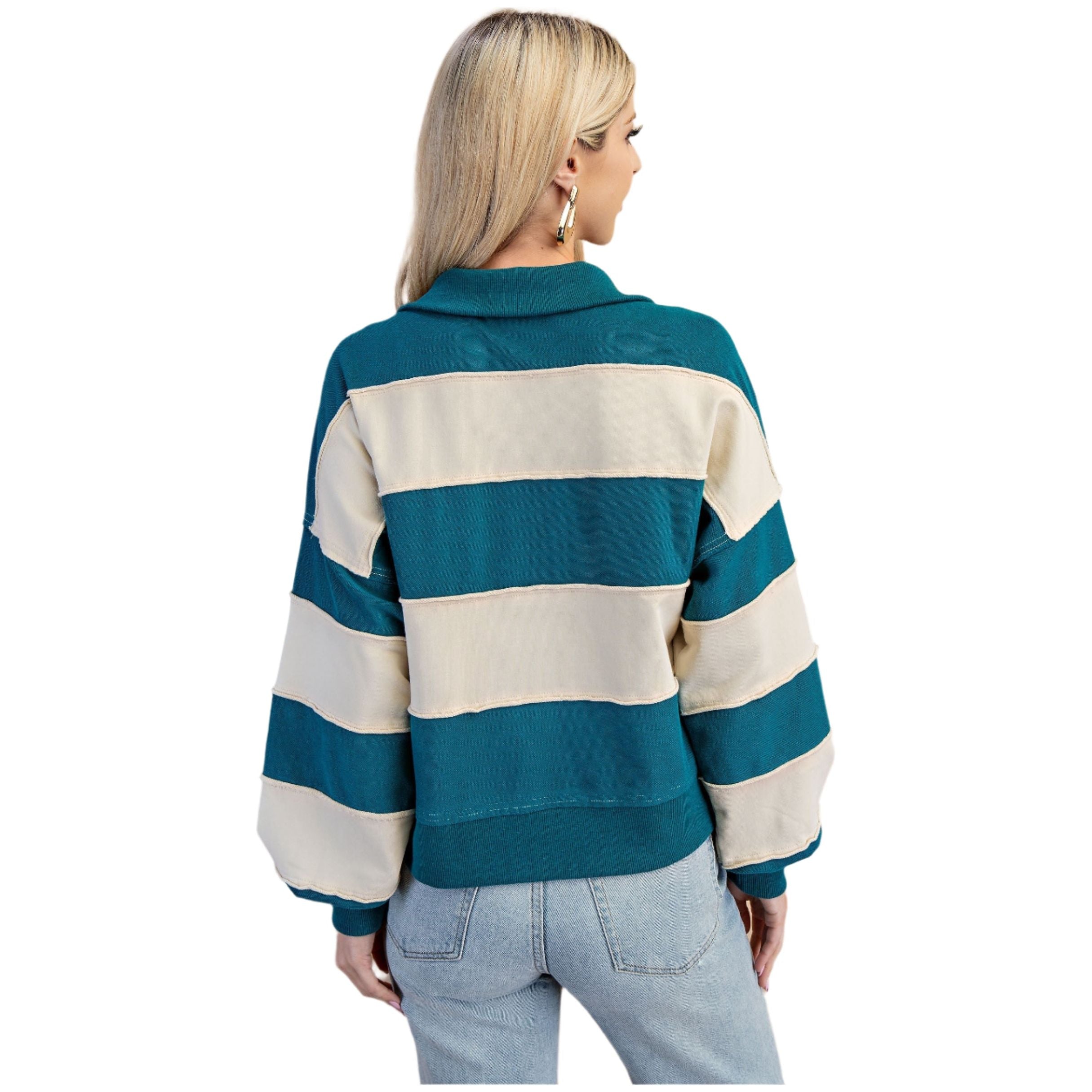 Women's Striped Texture Mixed Rugby Style Sweatshirt TE1326 - Crazy House Western Wear