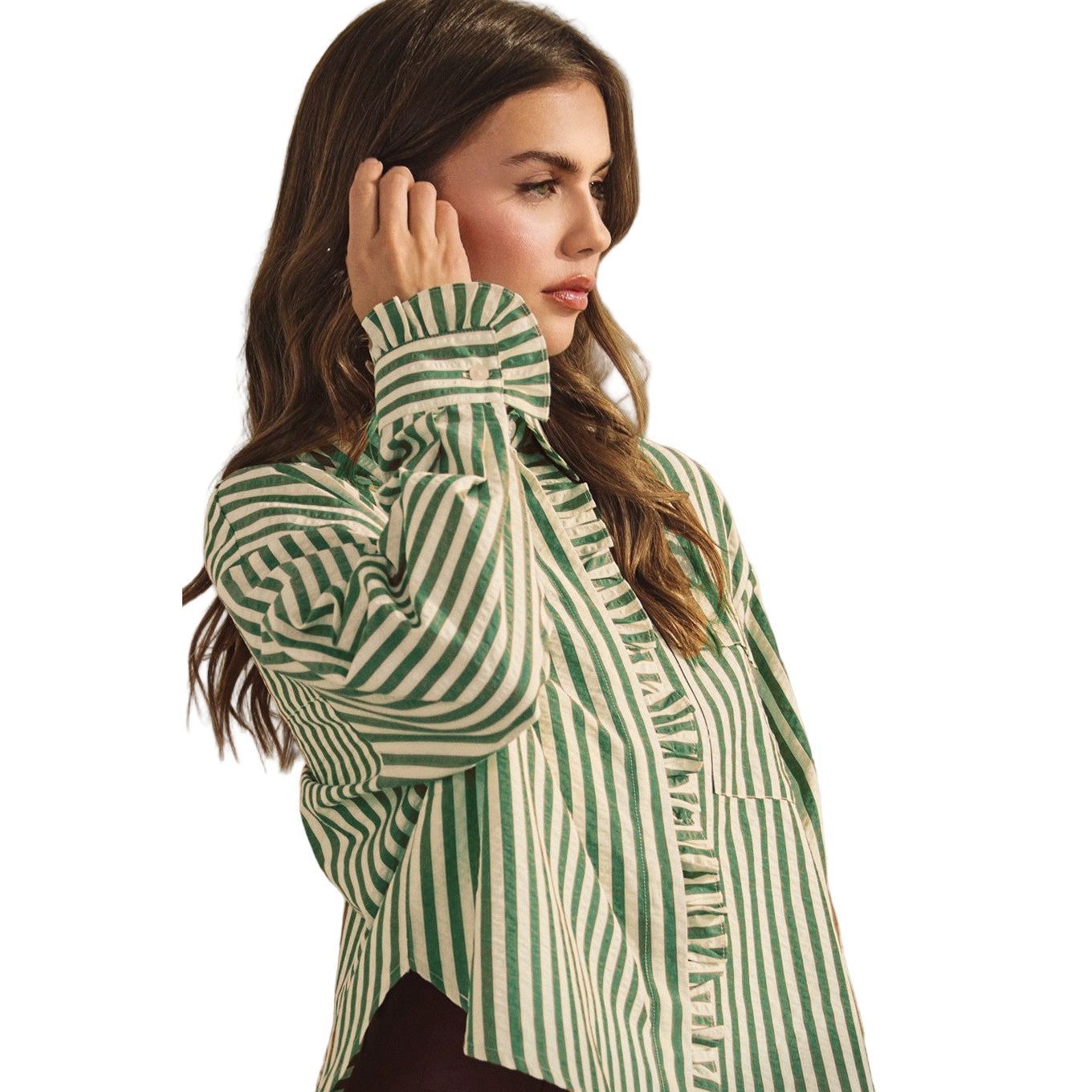 Women's Vintage Ruffled Hide Button Down Shirts Top