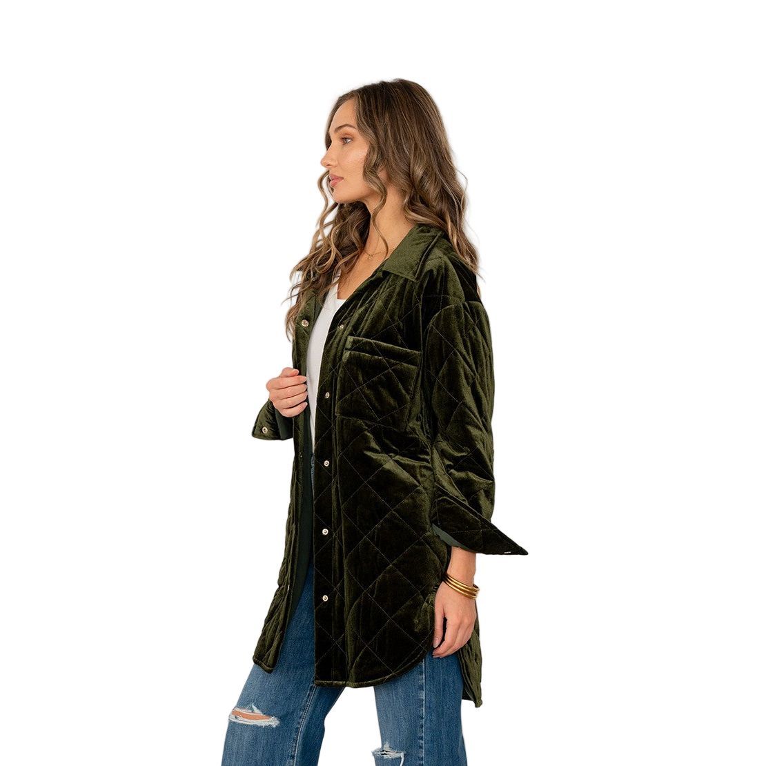Women's Oversized Button Up Quilted Jacket Curved Hem ET3571-VEL