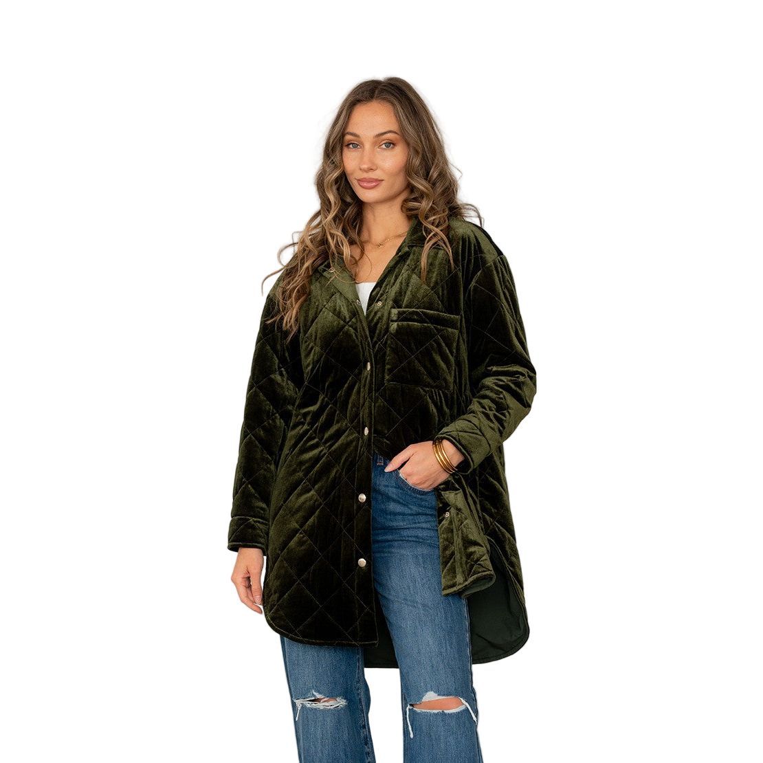 Women's Oversized Button Up Quilted Jacket Curved Hem ET3571-VEL