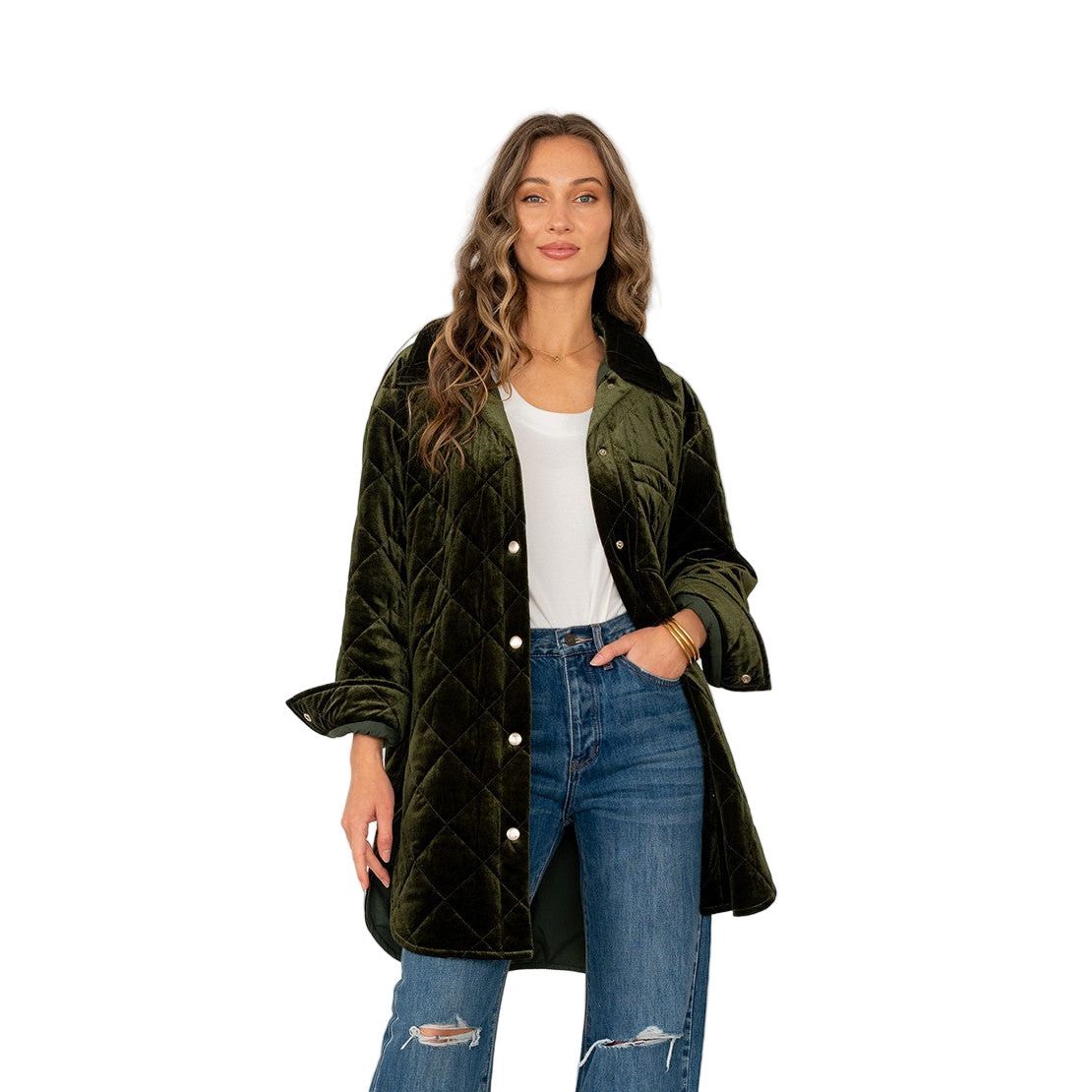 Women's Oversized Button Up Quilted Jacket Curved Hem ET3571-VEL
