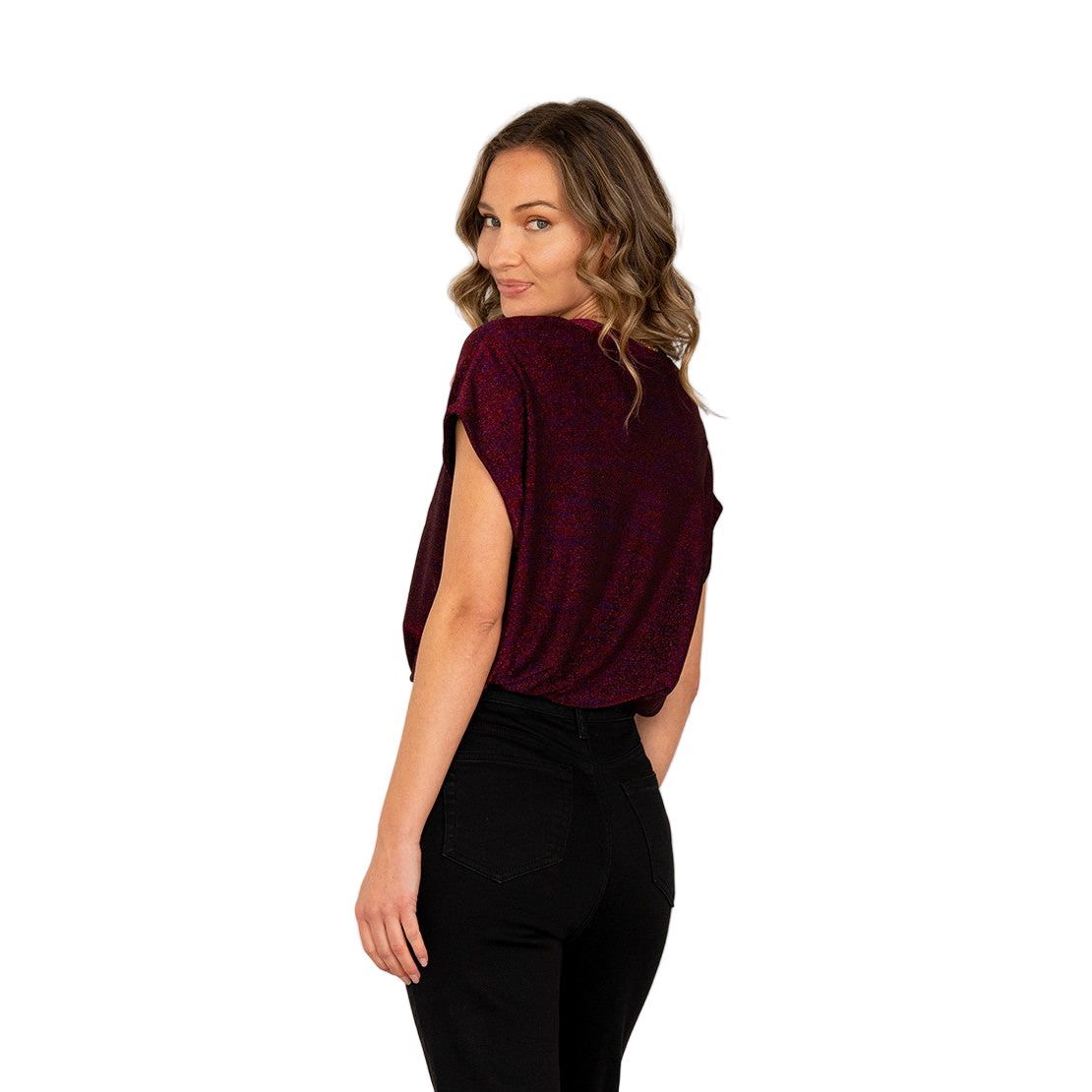 Women's Round Neck Cap Sleeves Shimmer Top ET3616