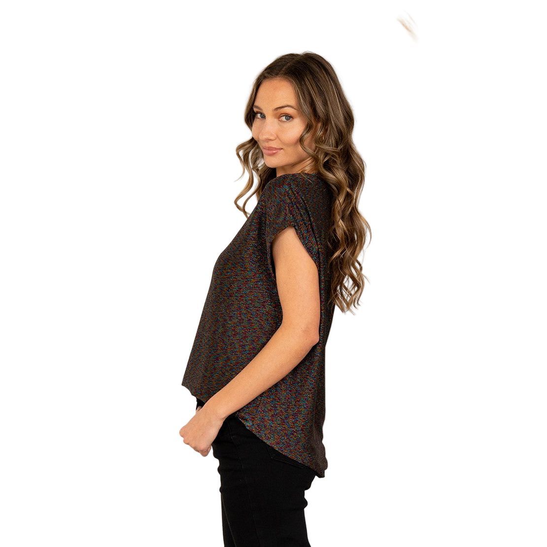 Women's Round Neck Cap Sleeves Shimmer Top ET3616