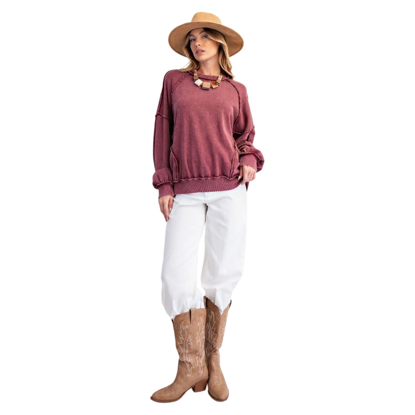 Women's Cut Out Mineral Washed Pullover ET23226 - Crazy House Western Wear