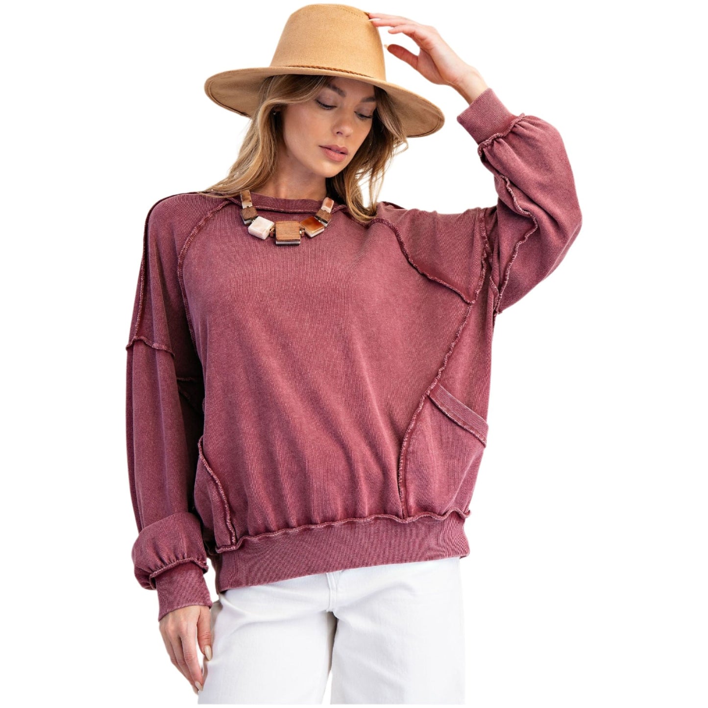 Women's Cut Out Mineral Washed Pullover ET23226 - Crazy House Western Wear