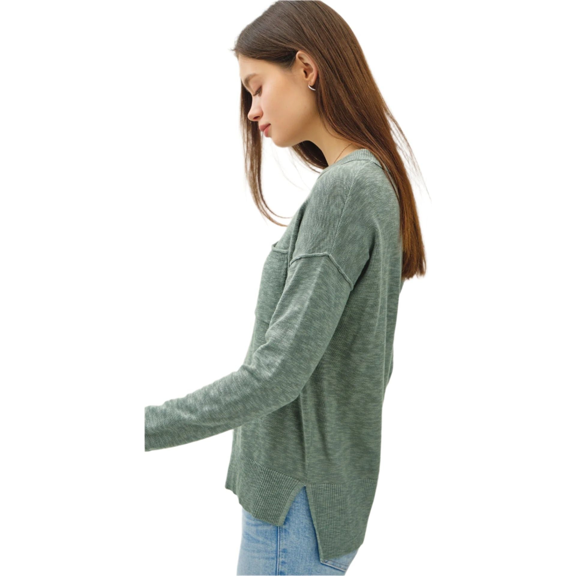 Women's Slub Sweater With Chest Pockets 63496-S - Crazy House Western Wear