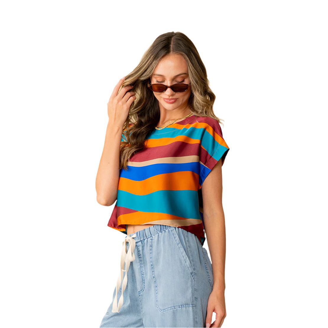 Women's Relaxed Fit Cap Sleeves Wavy Striped Satin Top ET6162-5313W