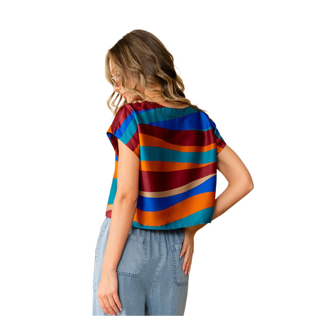 Women's Relaxed Fit Cap Sleeves Wavy Striped Satin Top ET6162-5313W
